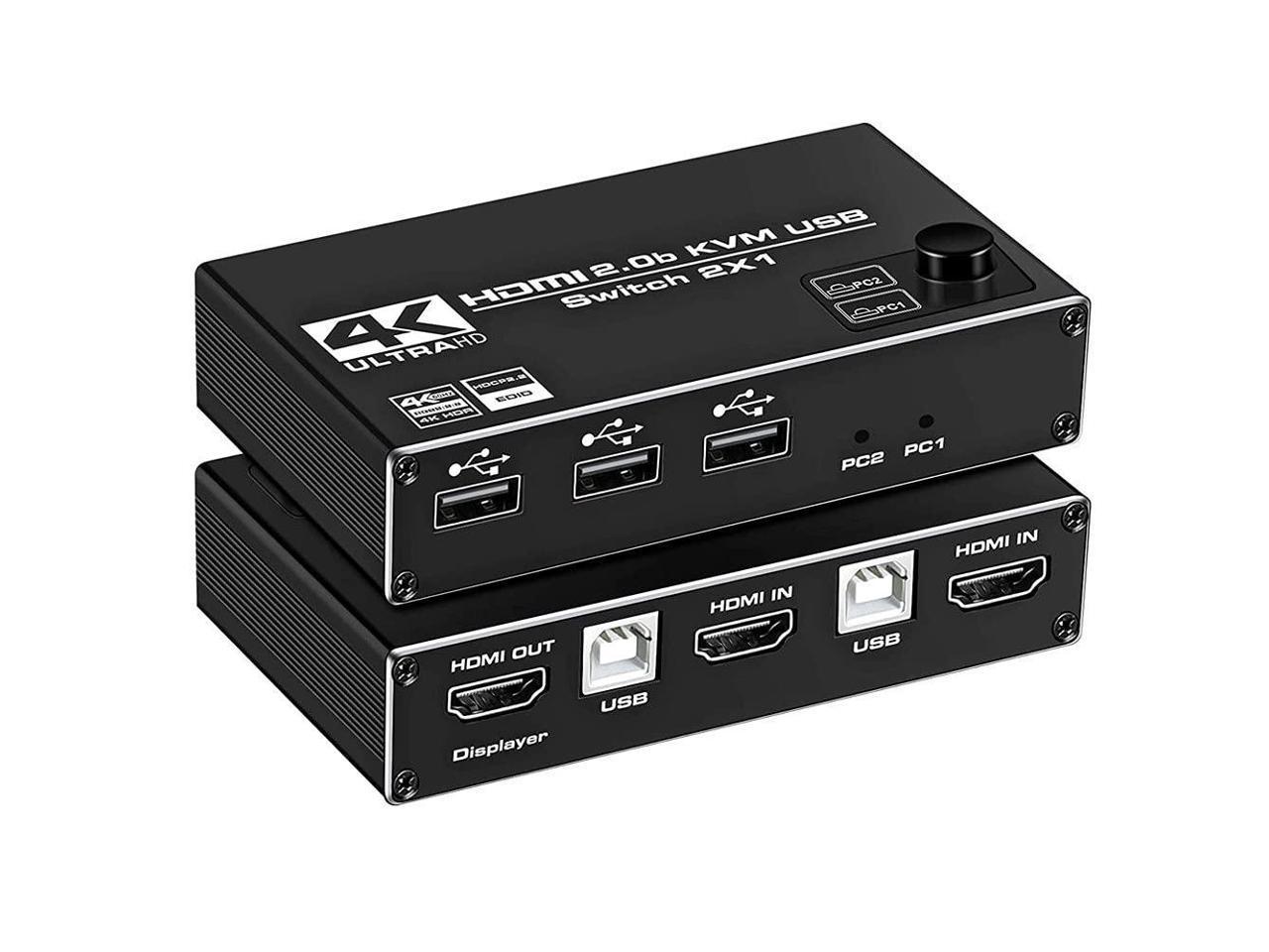 HDMI 2.0b KVM Switch USB 2 Port 4K HDMI, 2 Computers Share One Monitor 2×1 HDMI KVM Switch, 3 USB 2.0 Hub, Ultra HD 4K@60Hz, HDCP 2.2, Support Wireless Keyboard and Mouse
