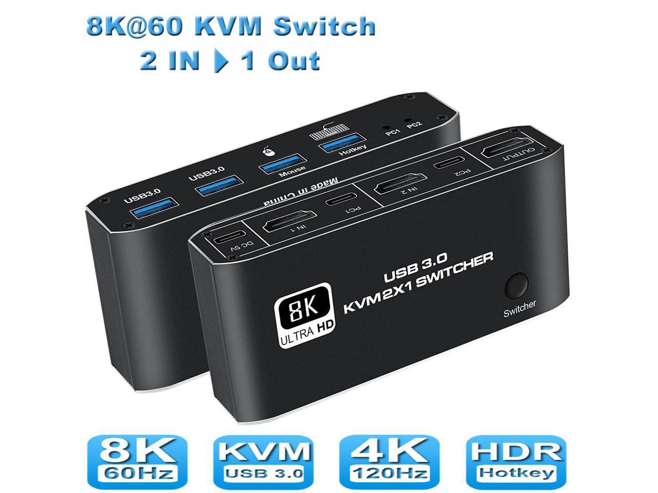 2 in 1 Out HDMI KVM Switch, 8K USB Switch 2×1 HDMI2.1 Ports + 4x USB3.0 KVM Ports, Share 2 Computers one Monitor Switch,Supports 8K @60Hz,4K @120Hz,YUV 4:4:4, HDCP 2.3, H-D-R 10, Hotkey, Darkish