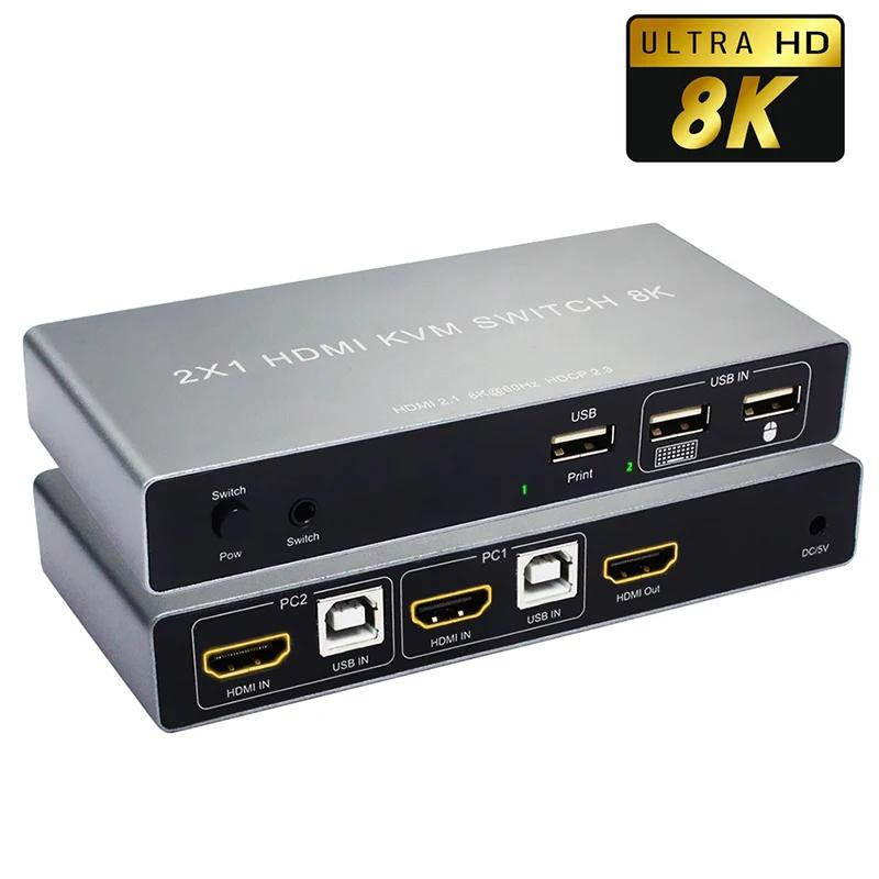 8K HDMI KVM Switch 2 in 1 out 8K 60Hz HDMI USB KVM Switcher Selector 2×1 Support 2 PC Share Mouse Keyboard Monitor for PC Laptop