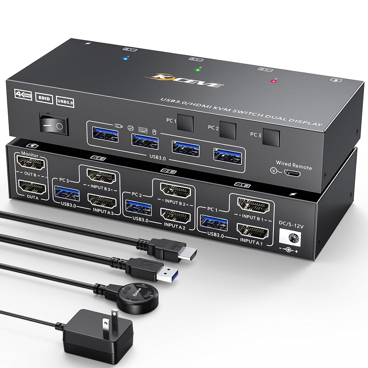 HDMI KVM Switch 2 Monitors 3 Computers 4K@60Hz, EDID simulationDual Monitor KVM Switch for 3 Computers Share 2 Displays and Keyboard Mouse Printer, Wired Remote and 5 Cables Included
