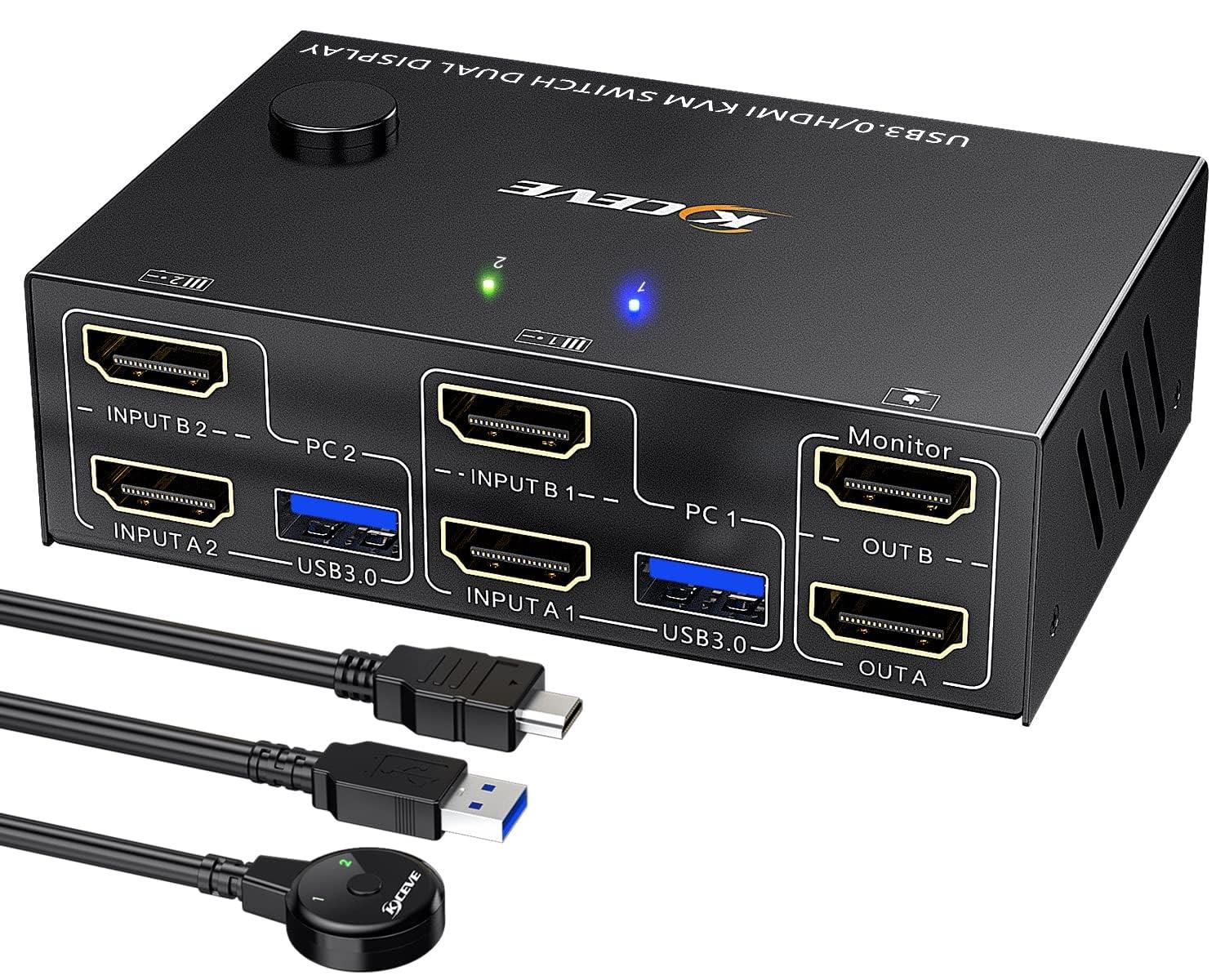 USB 3.0 HDMI KVM Switch 2 Monitors 2 Computers 4K@60Hz 2K@144Hz, EDID Emulator, Camgeet Dual Monitor KVM Switch for 2 Computers Share 2 Displays and 4 USB 3.0 Ports,Wired Remote and Cables Included