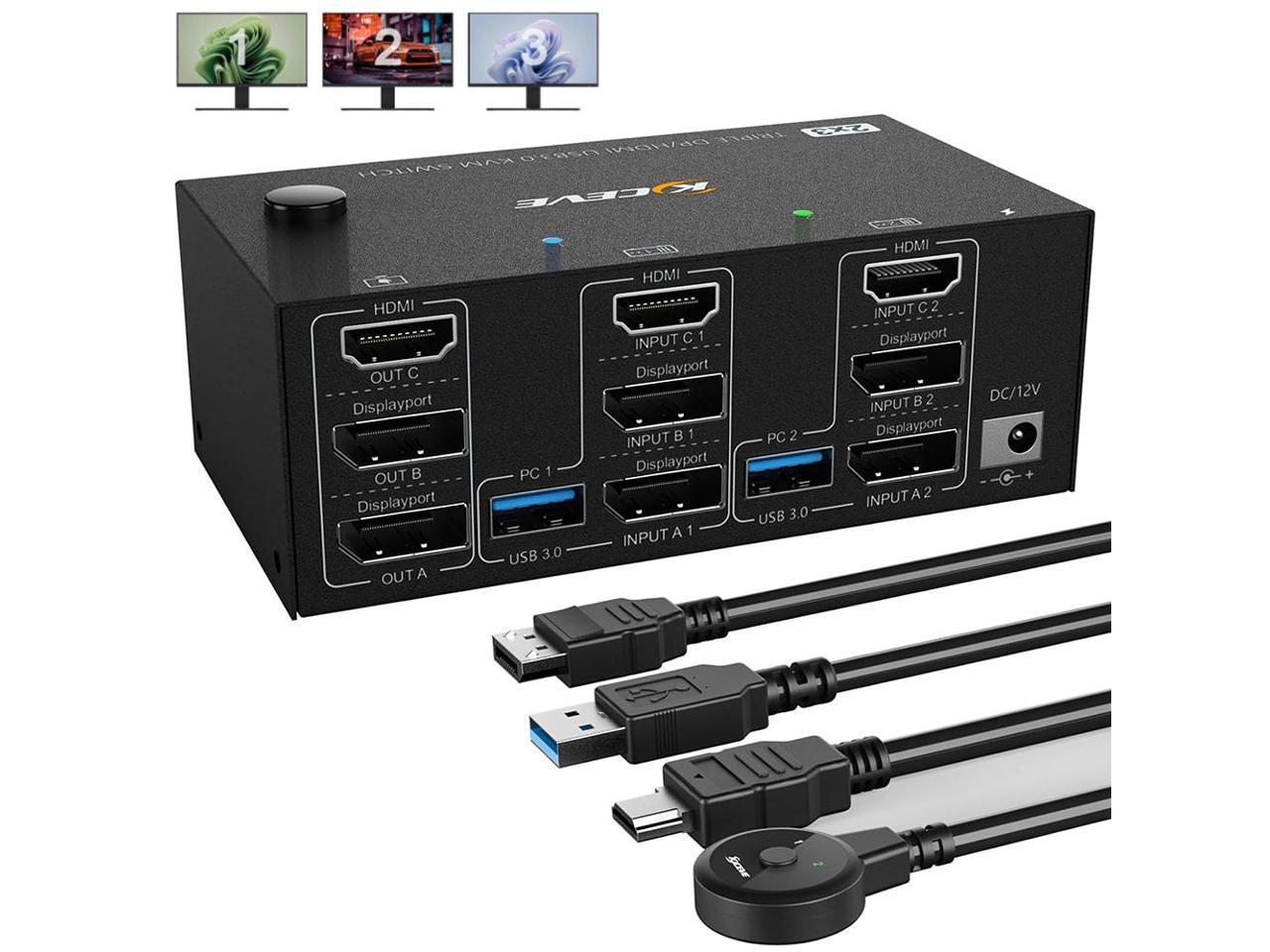 Triple Monitors KVM Switch 2 DisplayPort + HDMI 3 Ports 8K@60Hz 4K@144Hz Extended Display, KVM Switch 2 PC 3 Monitors, USB 3.0 KVM Switch with 4 USB 3.0 Ports for Keyboard Mouse, Printer USB Devices