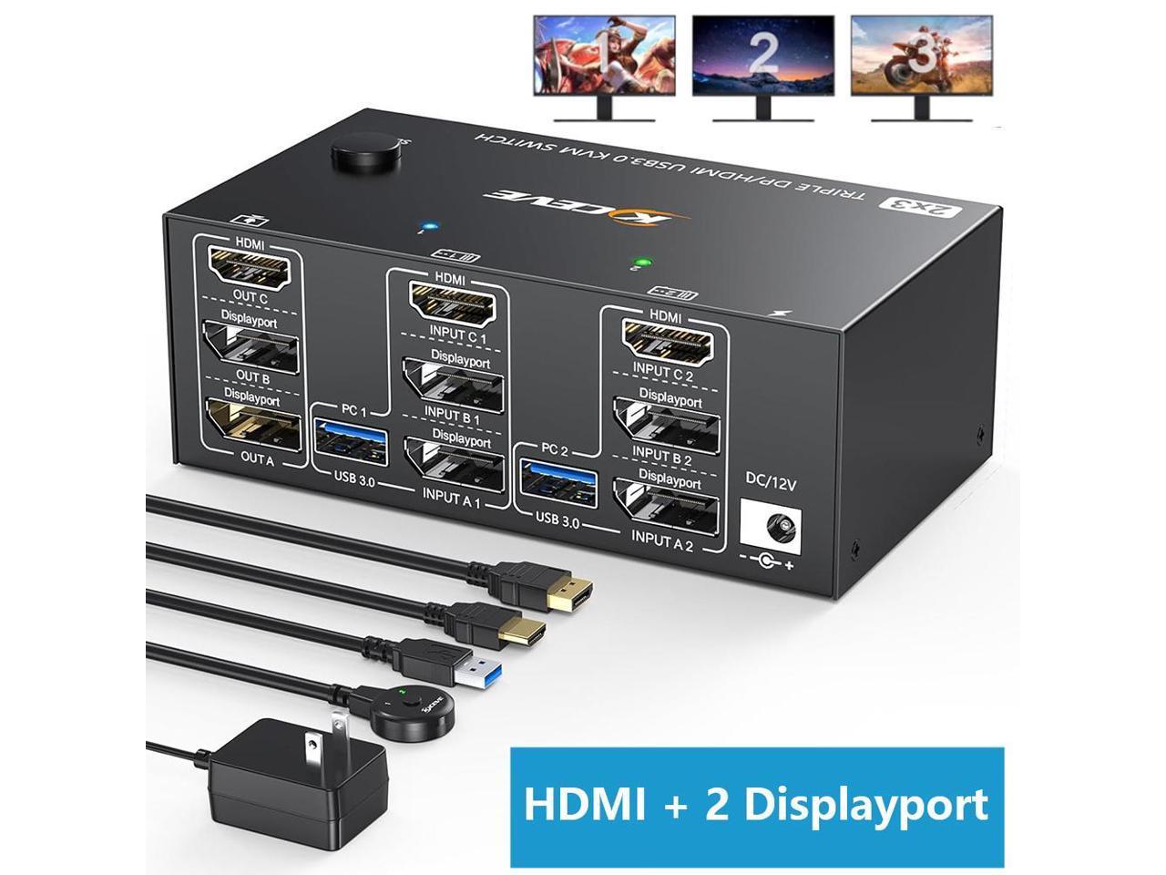 Triple Monitors KVM Switch HDMI 2 Displayport USB 3.0 KVM Switch 8K@60Hz, 4K@144Hz 3 Monitors 2 Computers KVM with 4 USB 3.0 Ports Included KVM Cables,HD-MI 8K@60Hz/4K@60Hz,DP 8K@30Hz/4K@144Hz