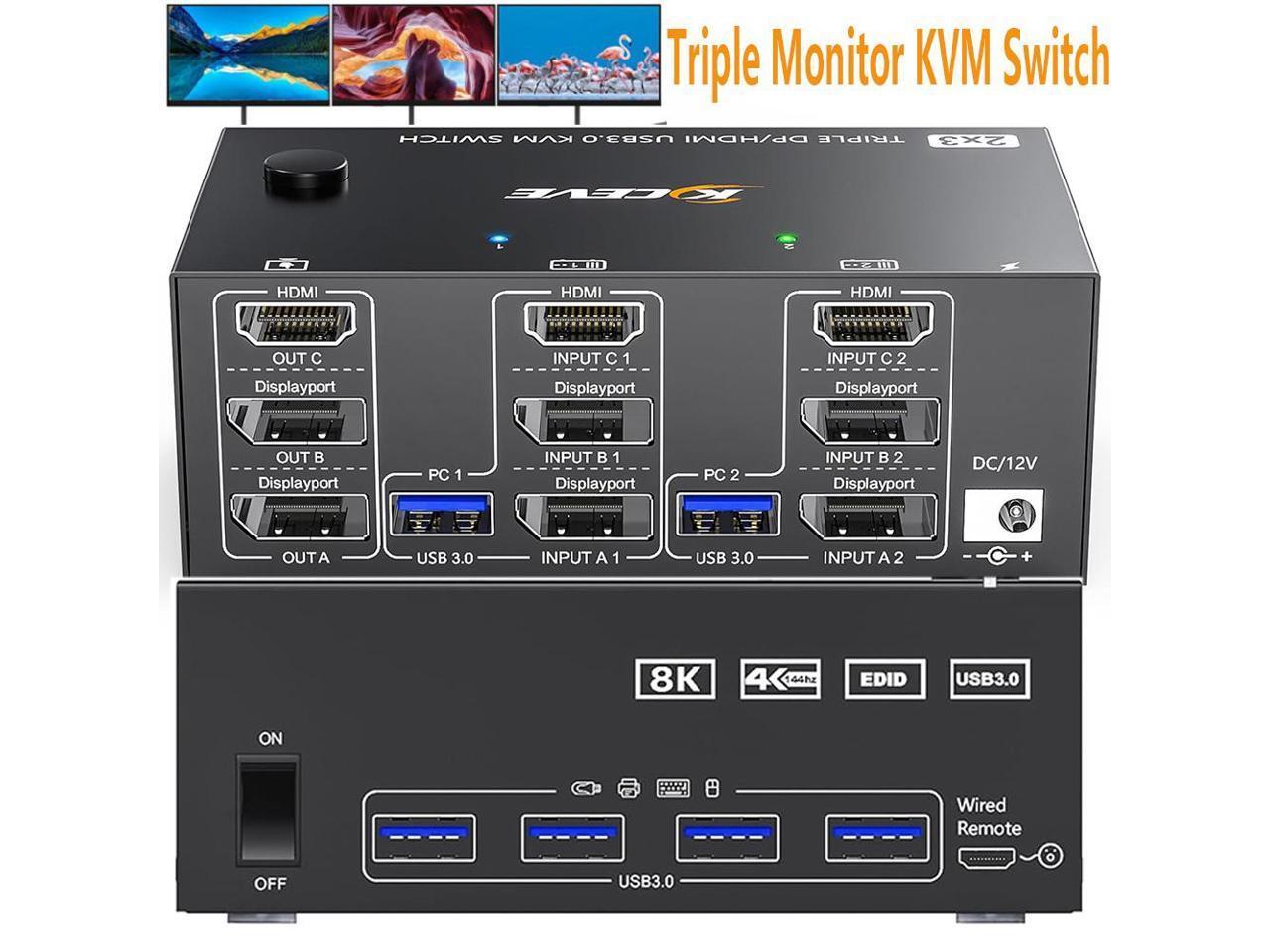 2 Displayport + HDMI 3 Monitor KVM Switch USB 3.0, 8K @60Hz 4K@144Hz Triple Monitor KVM Switch for 2 Computer Share 3 Monitor and 4 USB 3.0 Port Keyboard Mouse, Wired Remote and 5 Cables Included