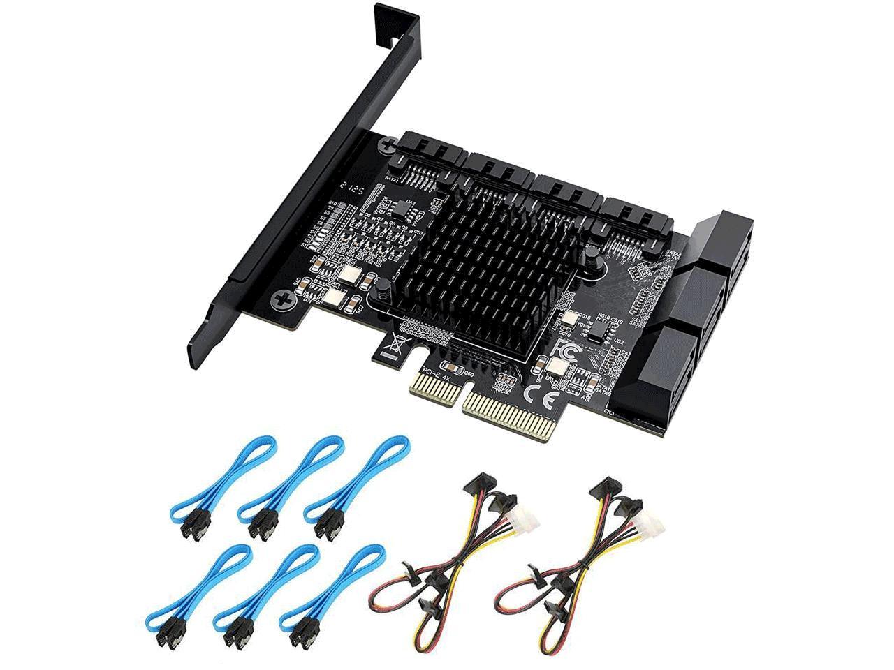 PCIe SATA Card 10 Port with 6 SATA Cables and 2 SATA Power Splitter Cables, SATA Controller Expansion Card with Standard Profile Bracket, 6Gbps PCIe to SATA 3.0 PCI-E X4 Host Controller Card