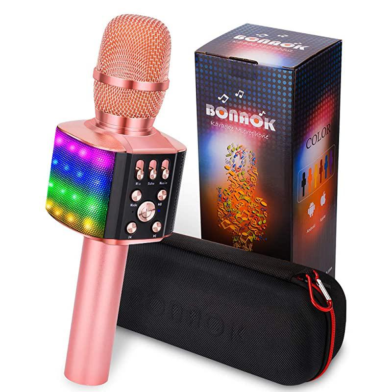 Wireless Bluetooth Karaoke Microphone with controllable LED Lights 4 in 1 Portable Karaoke Machine Speaker for AndroidiPhonePC Rose Gold