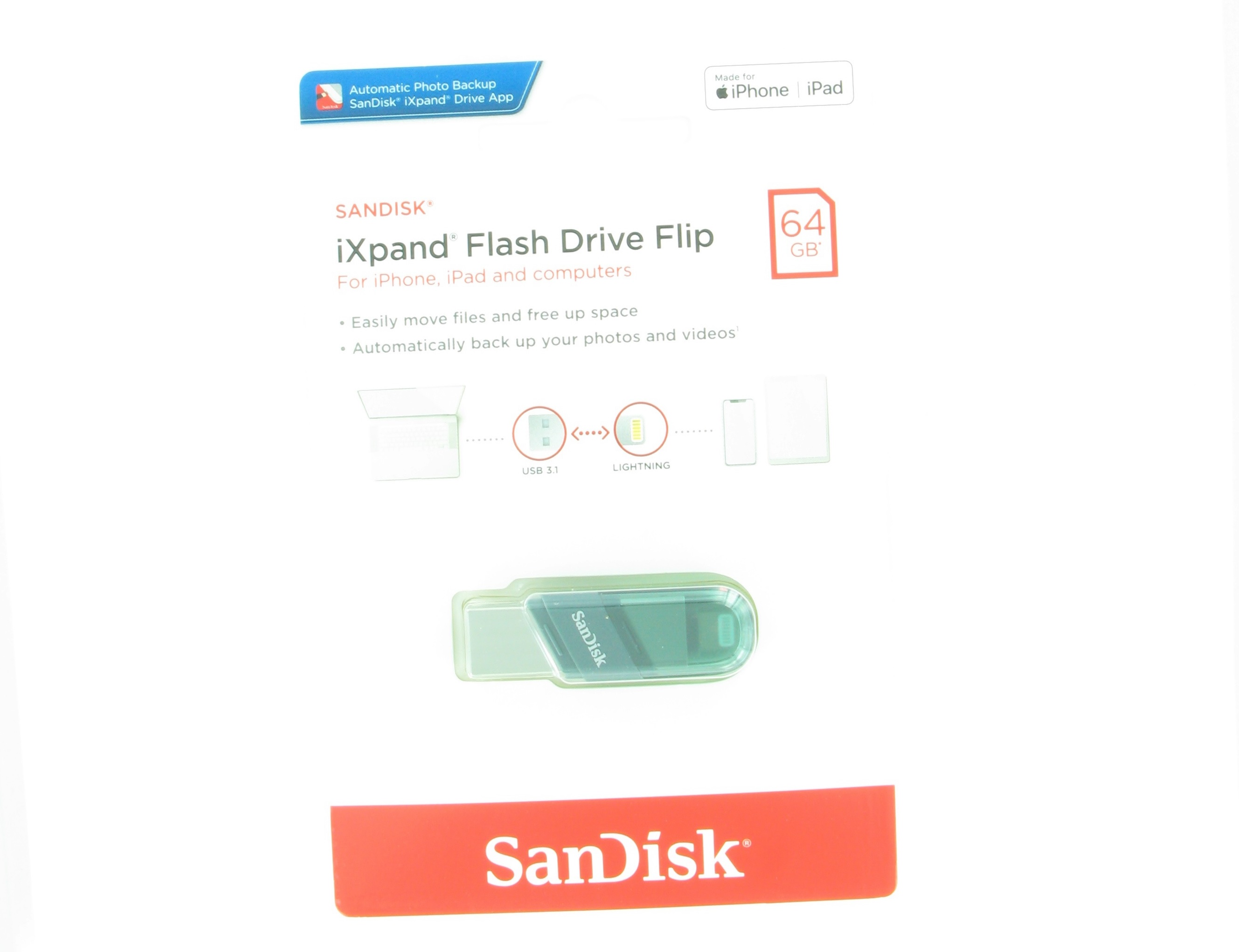 SanDisk SDIX90N-064G-GN6NN MAG 64GB USB 3.1 Lightning iXpand Flash Drive Flip Silver/Blue Retail