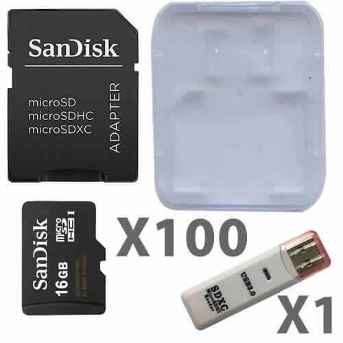 SanDisk 16GB microSDHC карта памяти (100 шт.) с адаптерами и ридером
