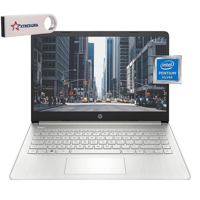 HP 14 Inch HD Student&Business Laptop, Intel Pentium N5030,8GB,256GB SSD, Intel UHD Graphics,  Wifi, Bluetooth, Windows 11 Home, Silver/XTREDURA FLASH DRIVE