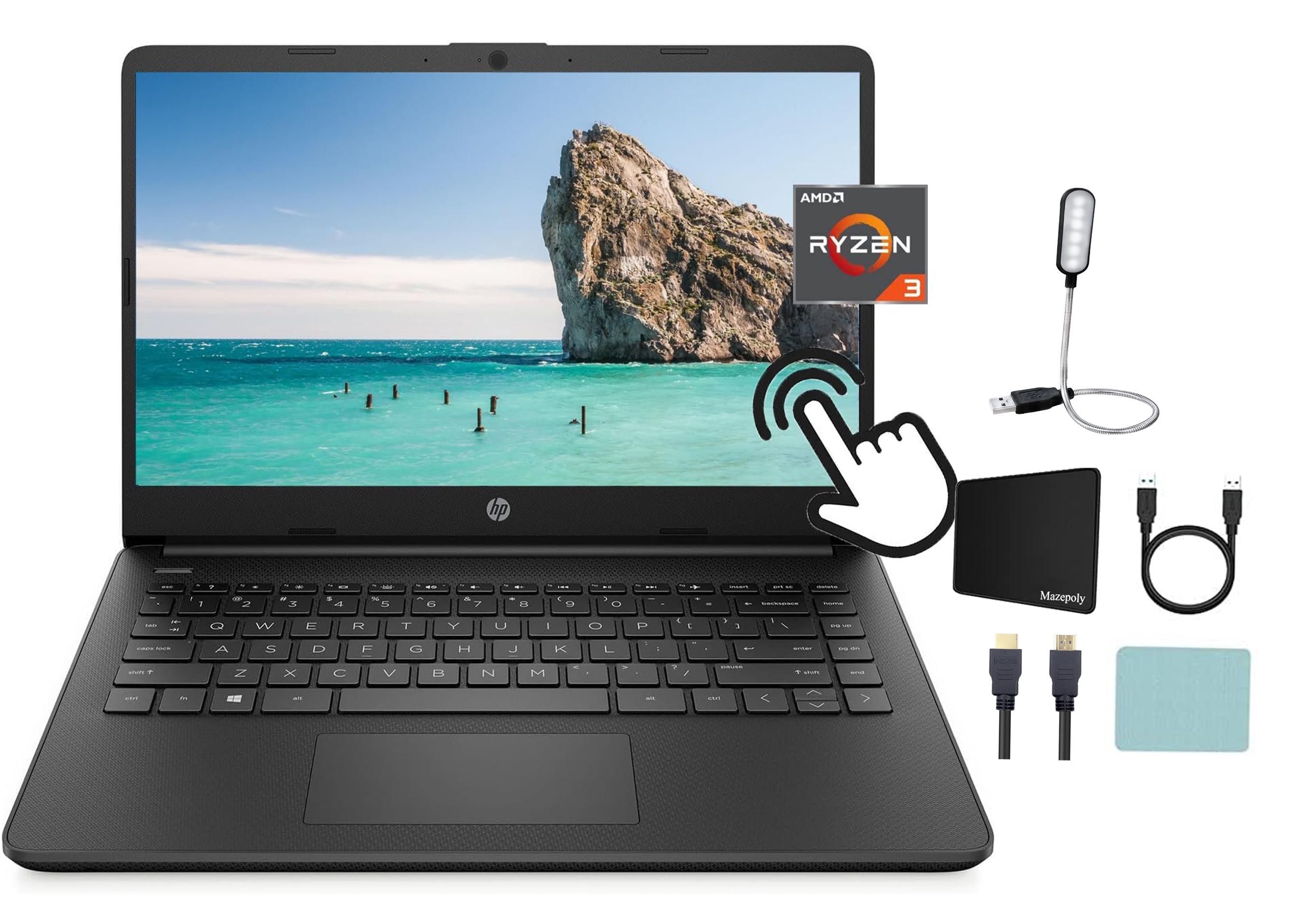 HP 14″ Micro-Edge HD Touchscreen Laptop Computer, AMD Ryzen 3 5300U 4-Core Processor, 8GB RAM, 256GB PCIe SSD, WiFi, Bluetooth, Webcam, Media Card Reader, Windows 11 Home, Black + Accessories
