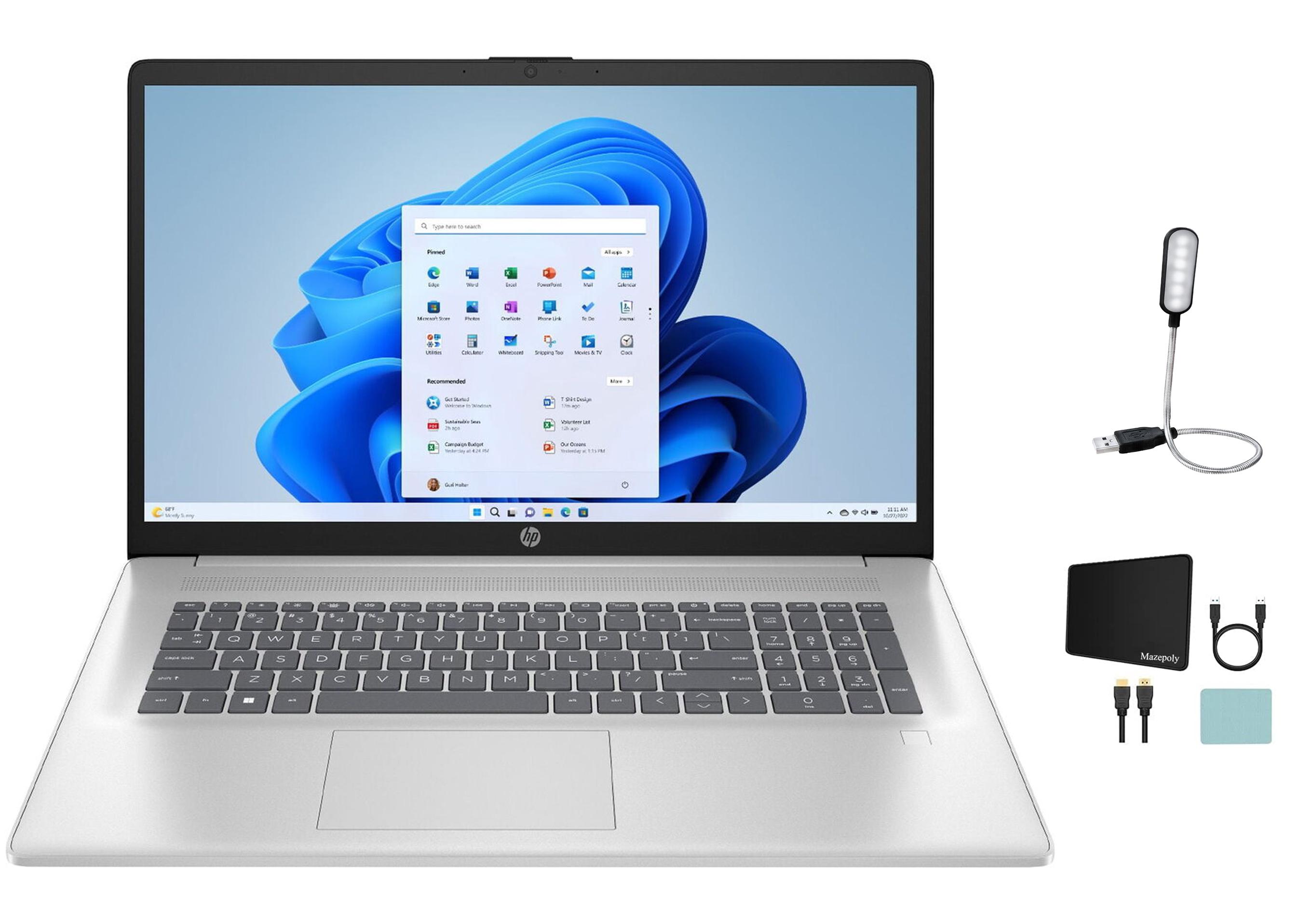 HP 17.3″ FHD Laptop, Intel Core i3-N305 Processor, 12GB RAM, 512GB SSD, Intel UHD Graphics, Fingerprint Reader, Wi-Fi 6,  Bluetooth, Windows 11 Home, Natural Silver + Mazepoly Accessories