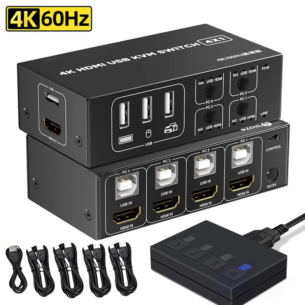 4×1 HDMI KVM Switch 4 Port, 4K @60Hz HDMI USB KVM HDMI Switch Share 4 Computers with One Monitor One-Button Swapping, 4 in 1 Out KVM Switcher for Mouse Keyboard Printer with 4 USB Cables 1 Power Cable