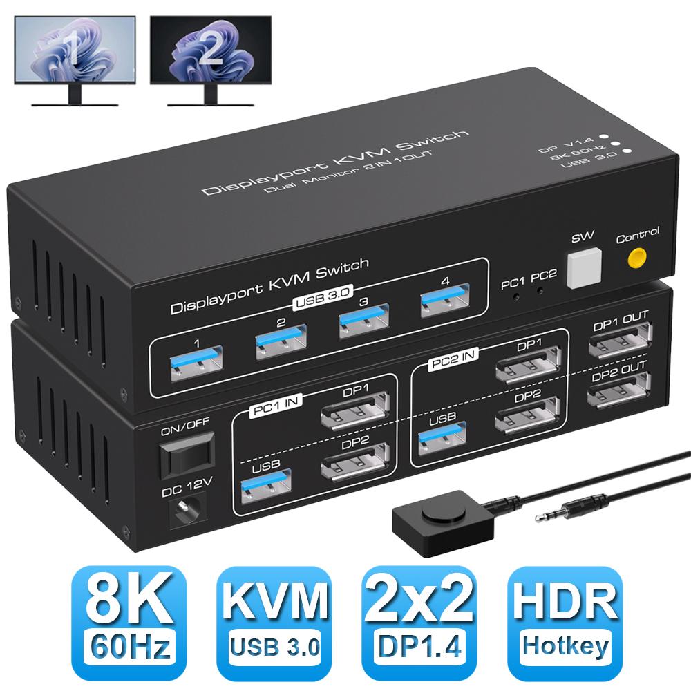 8K@60Hz 2 Port Dual Monitor Displayport KVM Switch, USB 3.0 DP 1.4 KVM switches for 2 Computers Share 2 monitors and 4 USB Devices Support 4K@120Hz DP 1.4 with External kit and Power adapter