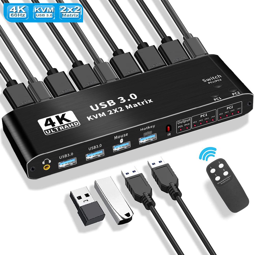 USB 3.0 HDMI KVM 2×2 Matrix Switch, 4K 60Hz Dual Monitor HDMI KVM Switch, HDMI Extended Display USB KVM Switcher 2 in 2 Out for 2 Computers 2 Monitors, Support Audio, Hotkey, Button Switching