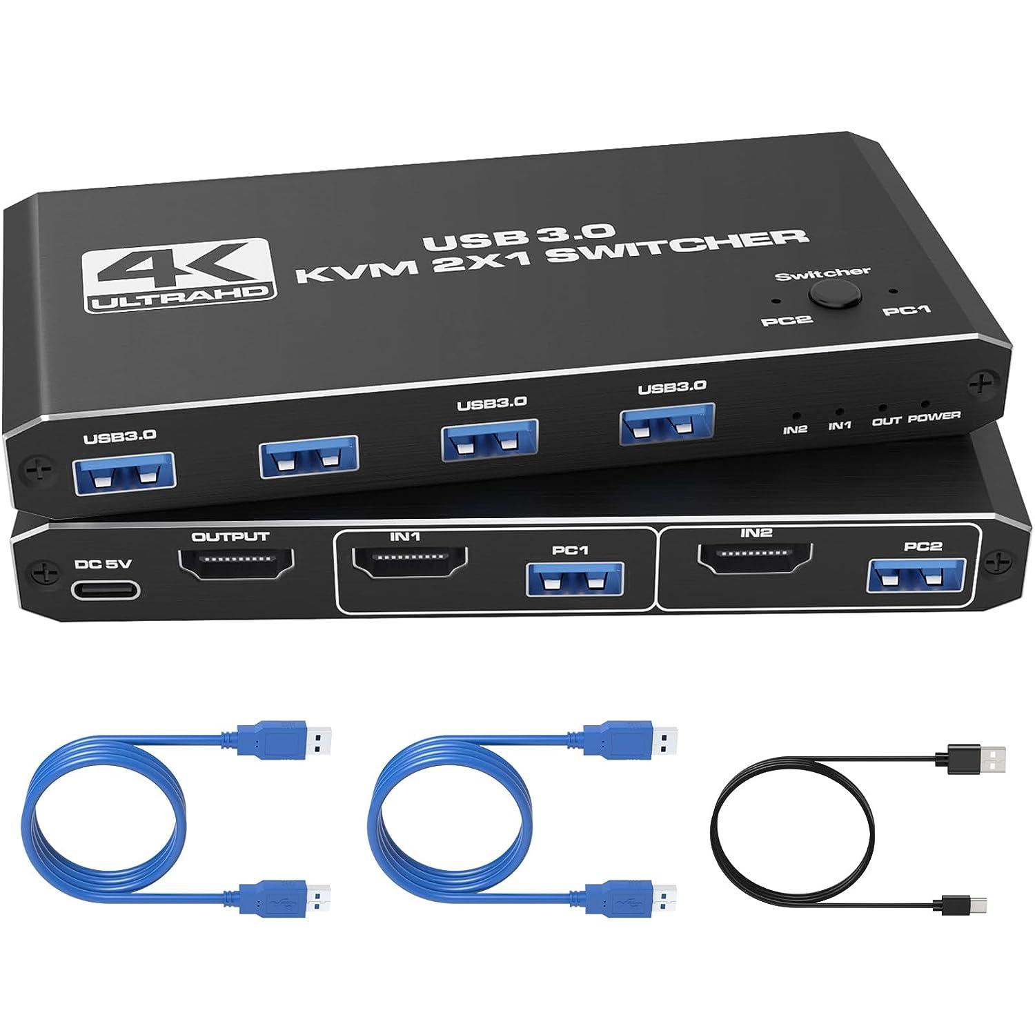 USB 3.0 HDMI KVM Switch for 2 Computers Share 1 Monitor 4K@60Hz HDCP2.3 HDMI2.0 KVM Switches for 2 Computers Share 1 Set Mouse Keyboard U Disk Printer, Support for up to 4 USB Devices