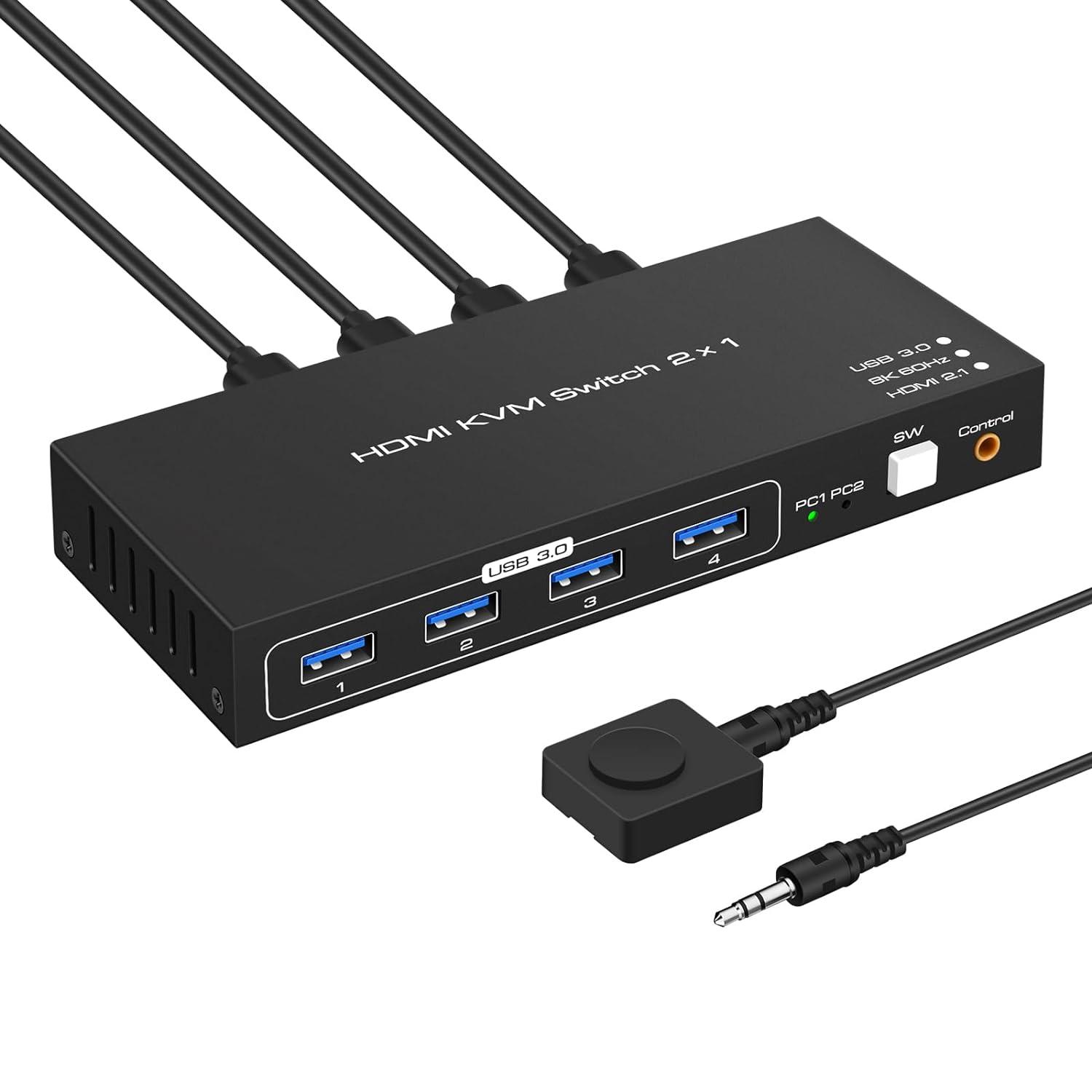 USB 3.0 HDMI KVM Switch 8K@60hz Ultra HD Resolution, 2 in 1 Out HDMI KVM Switches 4 USB Hub, 2 Computers 1 Monitor Switch Support 4K@120Hz, 2 PCs Share Keyboard Mouse Printer Scanner, with Controller