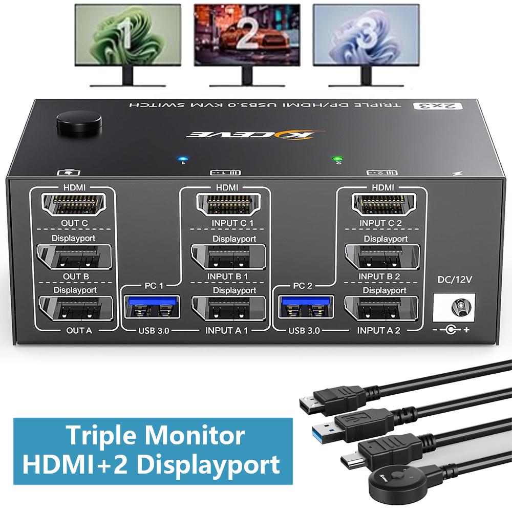 Triple Monitor HDMI DP KVM Switch for 3 Monitors 2 Computers, 8K@30Hz, HDMI + 2 Displayport KVM Switch for 2 Computer Share 3 Monitor and Keyboard Mouse, Wired Remote and 5 Cables Included