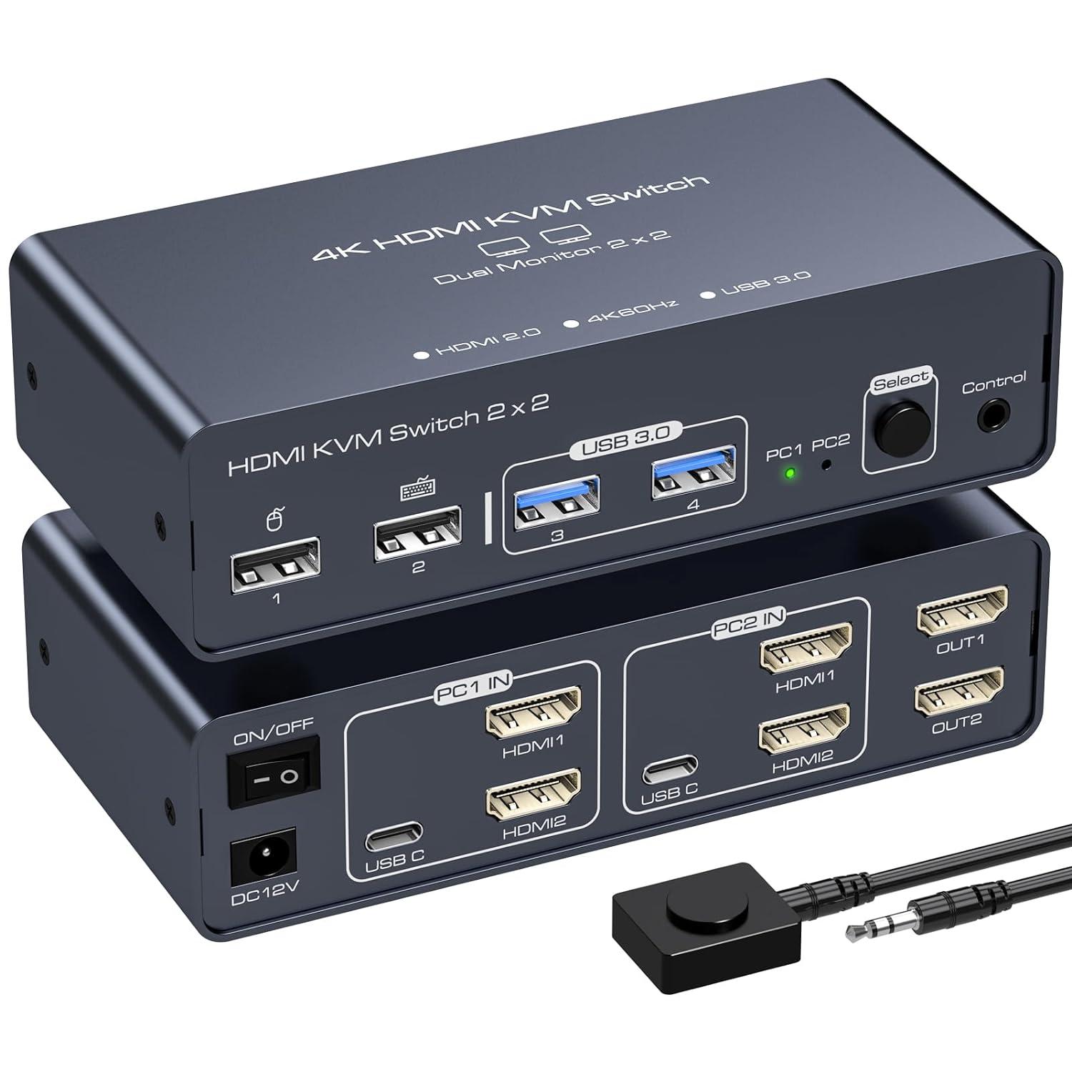 2 Port Dual Monitor HDMI KVM Switch 2 in 2 Out, 4K60Hz HDMI KVM Switch for 2 Computers Share 2 Monitors and 4 USB Devices Supports Duplication and Extended Display with Desktop Control-Aluminium