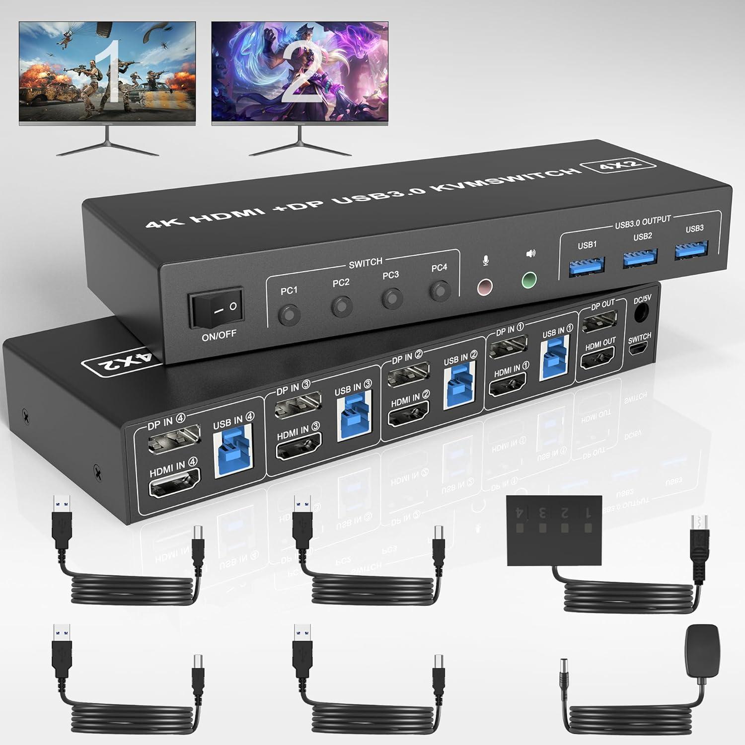 USB 3.0 KVM Switch Displayport+HDMI 2 Monitors 4 Computers, 4K@60Hz Dual Monitor KVM Switch with Audio Microphone Output and 3 USB 3.0 Ports, 4 Port HDMI+DP Monitor Switch for 4 PCs 2 Monitors