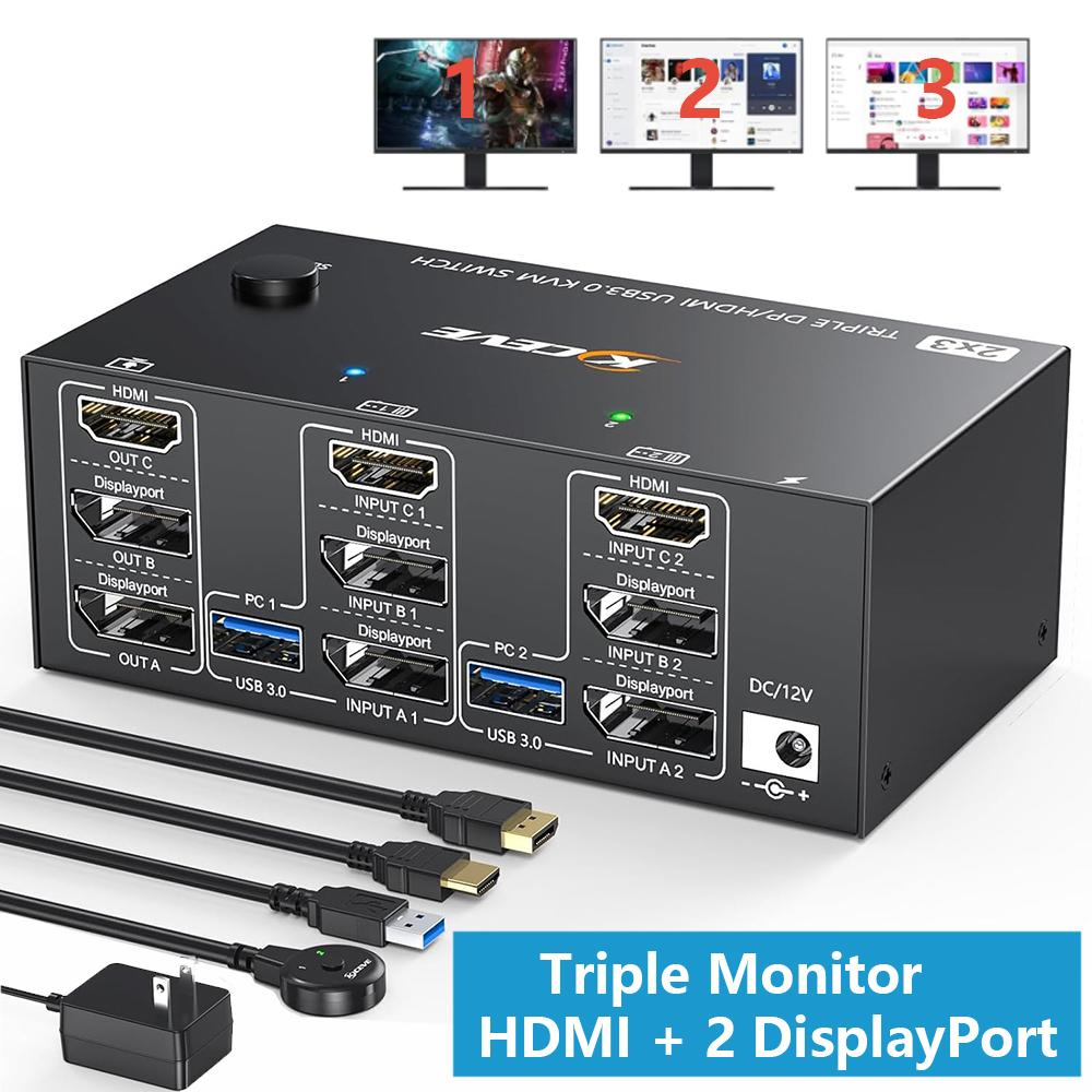 KVM Switch 3 Monitors 2 Computers 8K@60Hz 4K@144Hz, HDMI + 2 Displayport Triple Monitor KVM Switch for 2 Computer Share 3 Monitor and 4 USB 3.0 Port Keyboard Mouse,Wired Remote and USB Cables Included