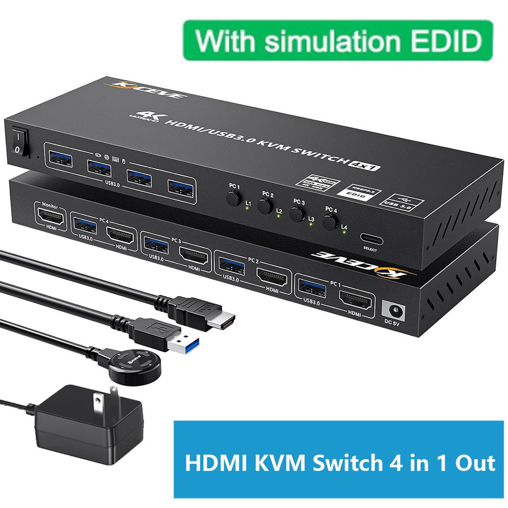 USB 3.0 HDMI KVM Switch 4 Port Support 4K@60Hz 2K@120Hz RGB 4:4:4 Simulation EDID, HDMI KVM Switch 4 in 1 Out with 4 USB 3.0 Port for Keyboard Mouse Printer,with Controller, USB 3.0 and HD-MI Cable