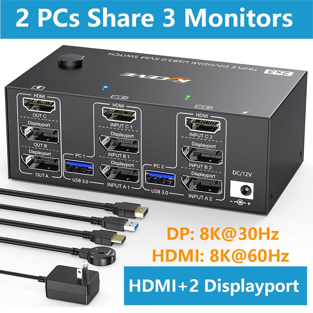 Triple Monitor KVM Switch 3 Monitors 2 Computers 8K@60Hz 4K@144Hz, HDMI + 2 Displayport KVM Switch Triple Monitor for PC, Laptop Share 3 Monitors and 4 USB 3.0 Device, with Wired Remote and 5 Cables