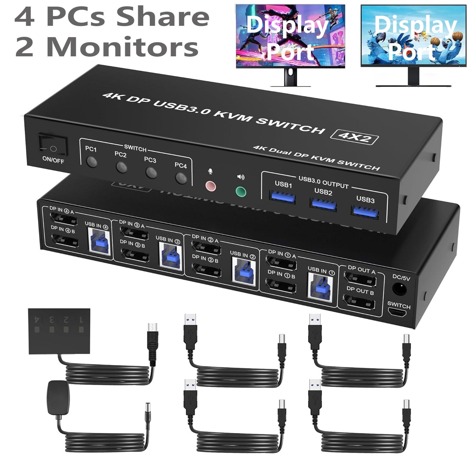 USB 3.0 Displayport KVM Switch for 4 Computers 2 Monitors 
 4K 60Hz, Dual Monitor Displayport KVM Switch 4 Port with Audio Microphone Output and 3 USB 3.0 Ports, DP Monitor Switch for 4 PCs 2 Monitors