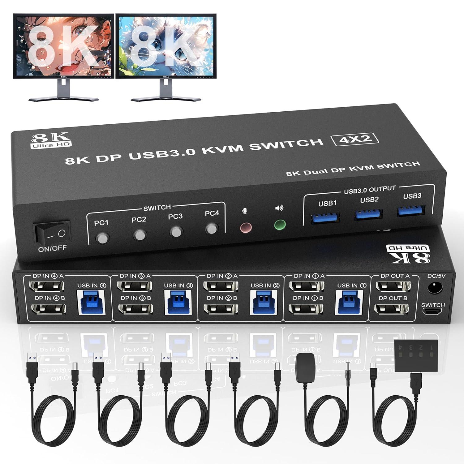 8K@60Hz Displayport USB 3.0 KVM Switch 2 Monitors 4 Computers, DP1.4 KVM Switch Dual Monitor with Audio Microphone Output and 3 USB 3.0 Ports, 4 Port KVM Switch Displayport for 4 PCs 2 Monitors