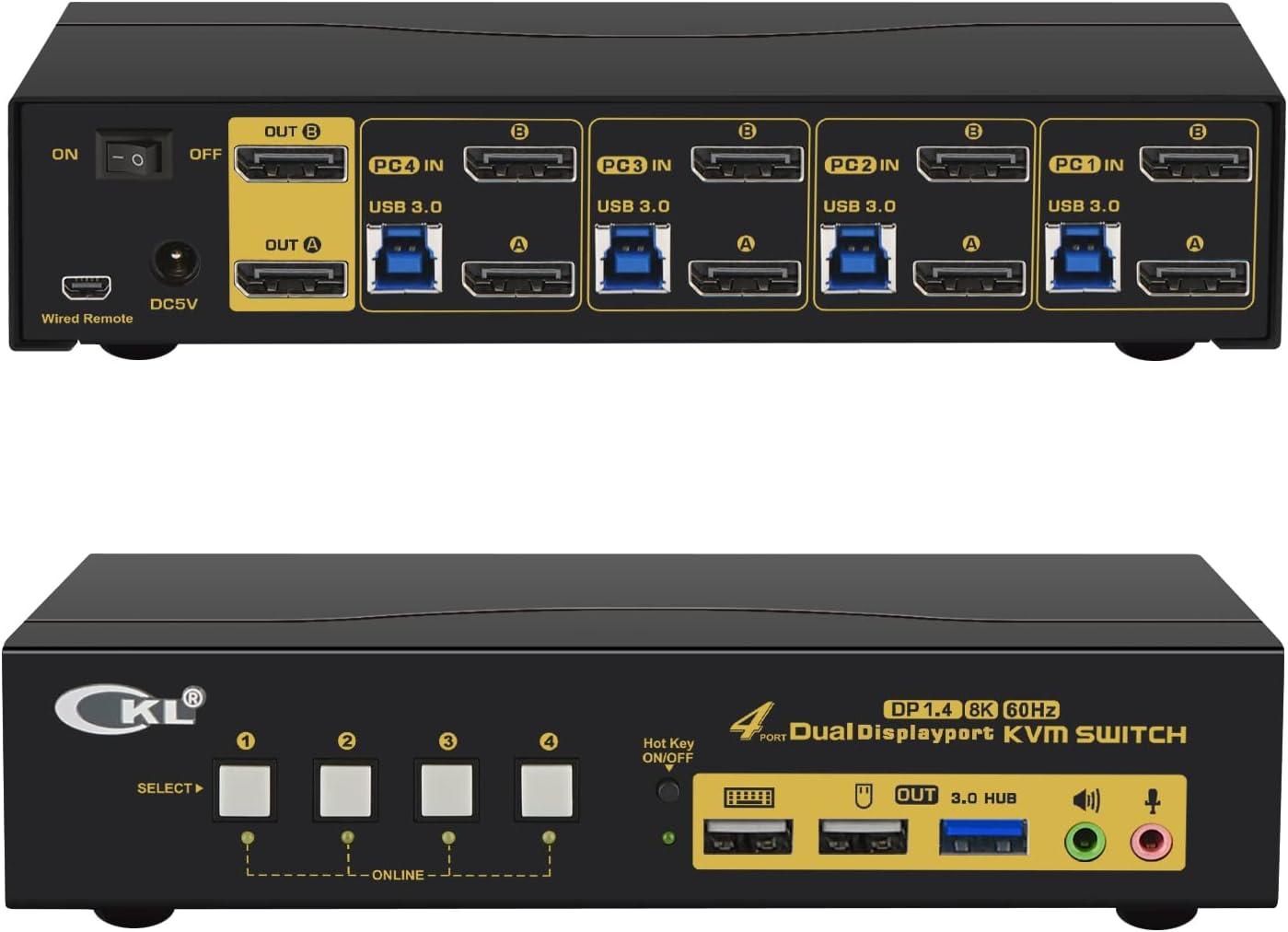 CKL 4 in 1 out DP1.4 USB3.0 KVM Switch Support Dual Monitor Extend Display 8K 30Hz 4K 120HZ 144Hz, Kevboard Video Mouse Peripherals Switcher for 4 Computers