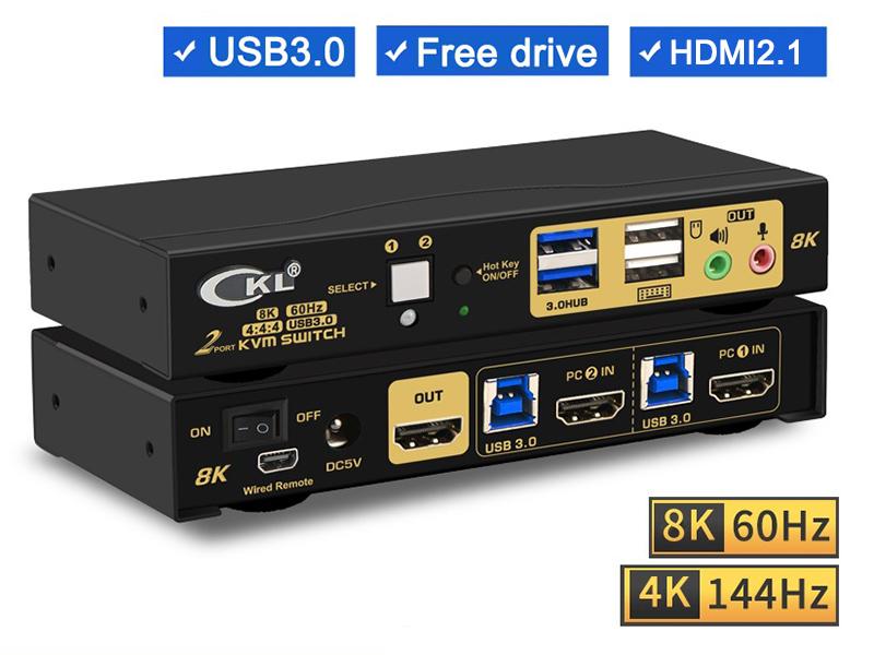 CKL 2 Port USB 3.0 KVM Switch HDMI 2.1 8K 60Hz 4K 120Hz 144Hz for 2 Computers 1 Monitor, PC Screen Keyboard Mouse Peripheral Audio Sharing Selector Box with All Cables
