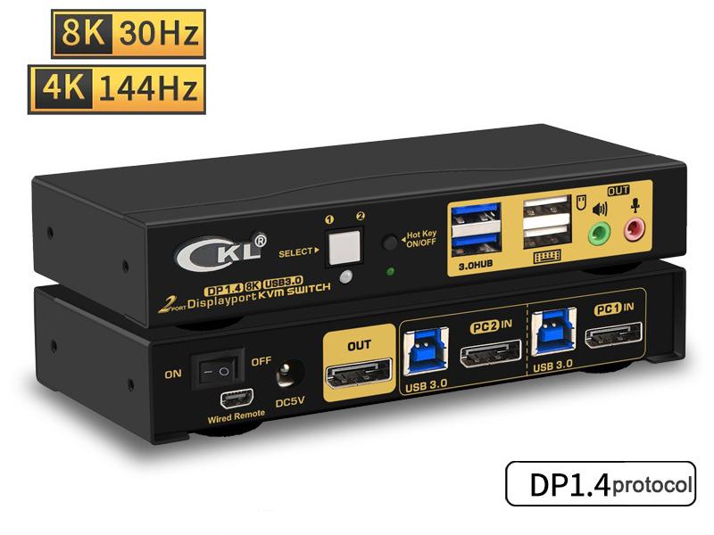 CKL 2 In 1 Out USB 3.0 DP1.4 KVM Switch 8K@30hz 4K@144hz for 2 Computers 1 Monitor, PC Screen KeyboardMouse Peripheral Audio Sharing Selector Box with All Cables