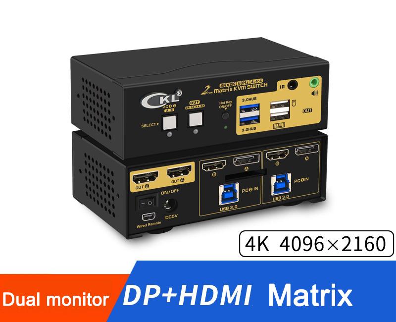 CKL 2 in 2 out Matrix DisplayPort +HDMI KVM Switch Dual Monitor USB 3.0 4K 60Hz, PC Monitor Keyboard Mouse Peripherals Sharing Box with Cables for 2 Computers or Laptops