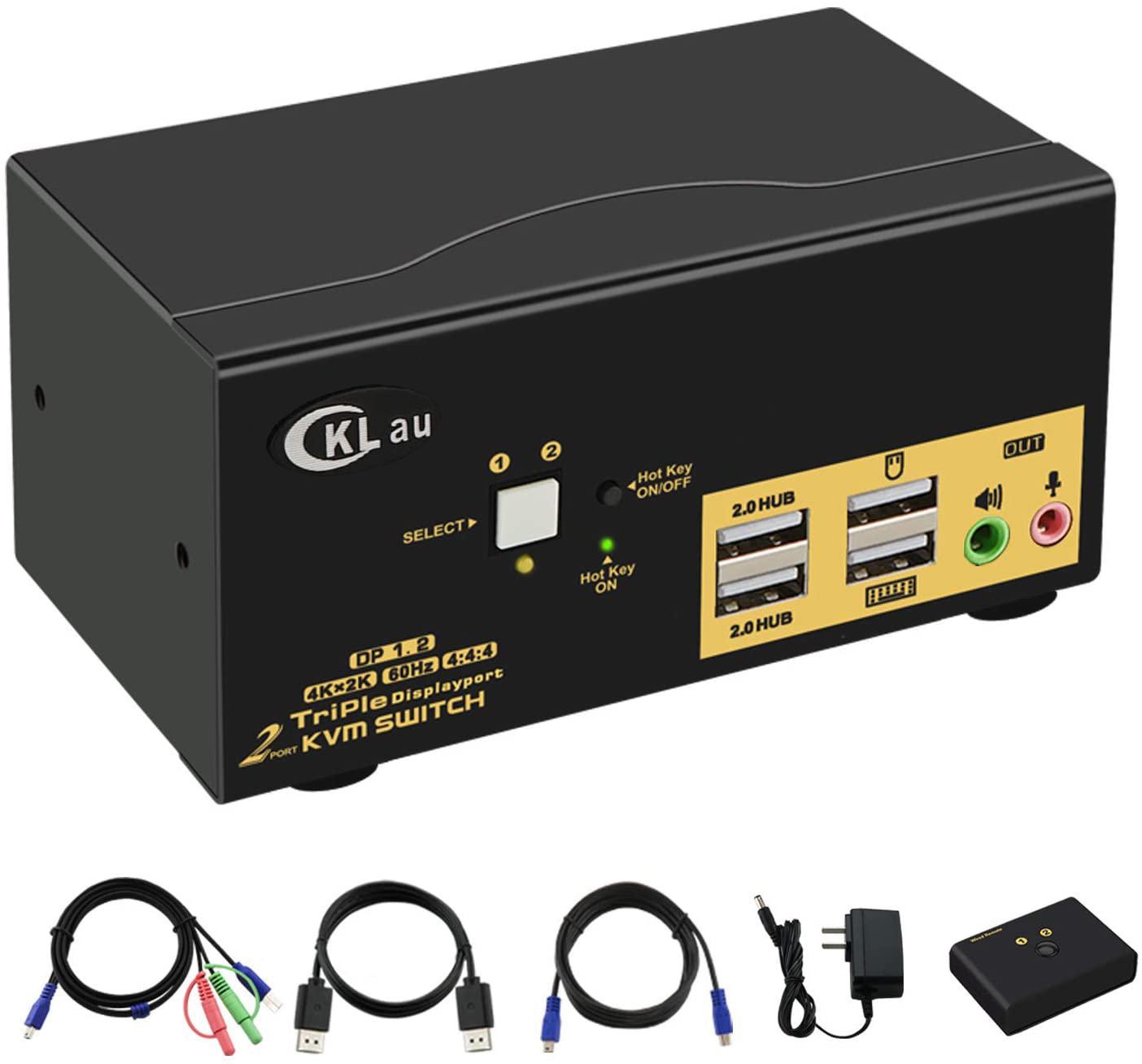2 Port KVM Switch Triple Monitor DisplayPort 4K @60Hz, 2 Computers x 3 Monitors KVM Switch with Audio and USB 2.0 HUBS DP 1.2 KVM Switch