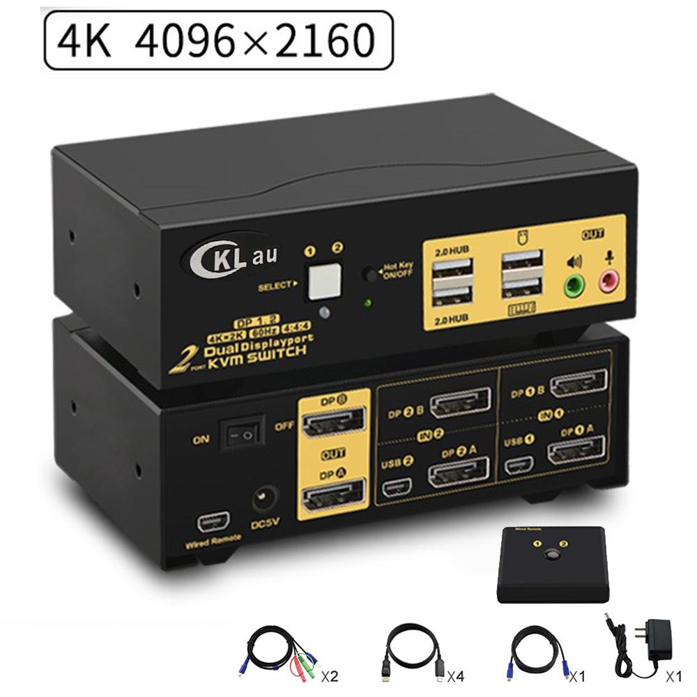 2 Ports KVM Switch Dual Monitor DisplayPort 2 In 2 Out, 2×2 DP KVM Switch with Audio and USB 2.0 HUBs, Support Hotkey Switching Resolution Up to 4096×2160 @60Hz 4:4:4