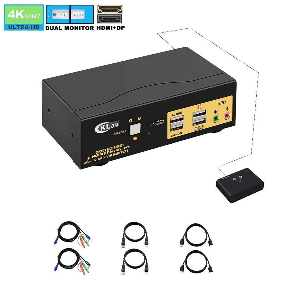 CKLau 4Kx2K@60Hz 2 Port HDMI + Displayport Dual Monitor KVM Switch with Audio, USB 2.0 Hub and Cables Support HDMI 2.0, HDCP 2.2, HDR 10