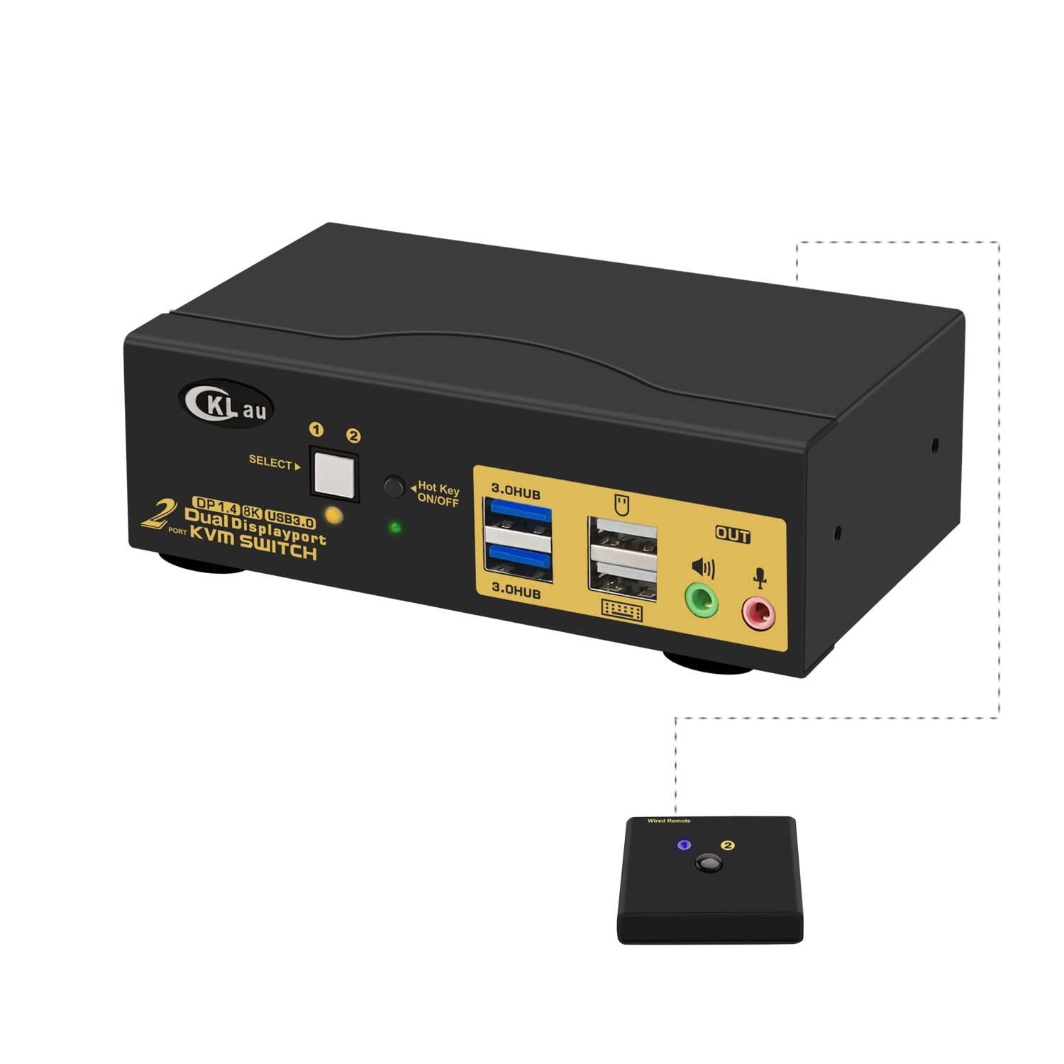 2 Port USB 3.0 Dual Monitor Displayport KVM Switch 2 in 2 Out, Displayport 1.4 8K @30Hz 4K @144Hz with Audio and Cables for 2 Computers Support Hotkey Switching