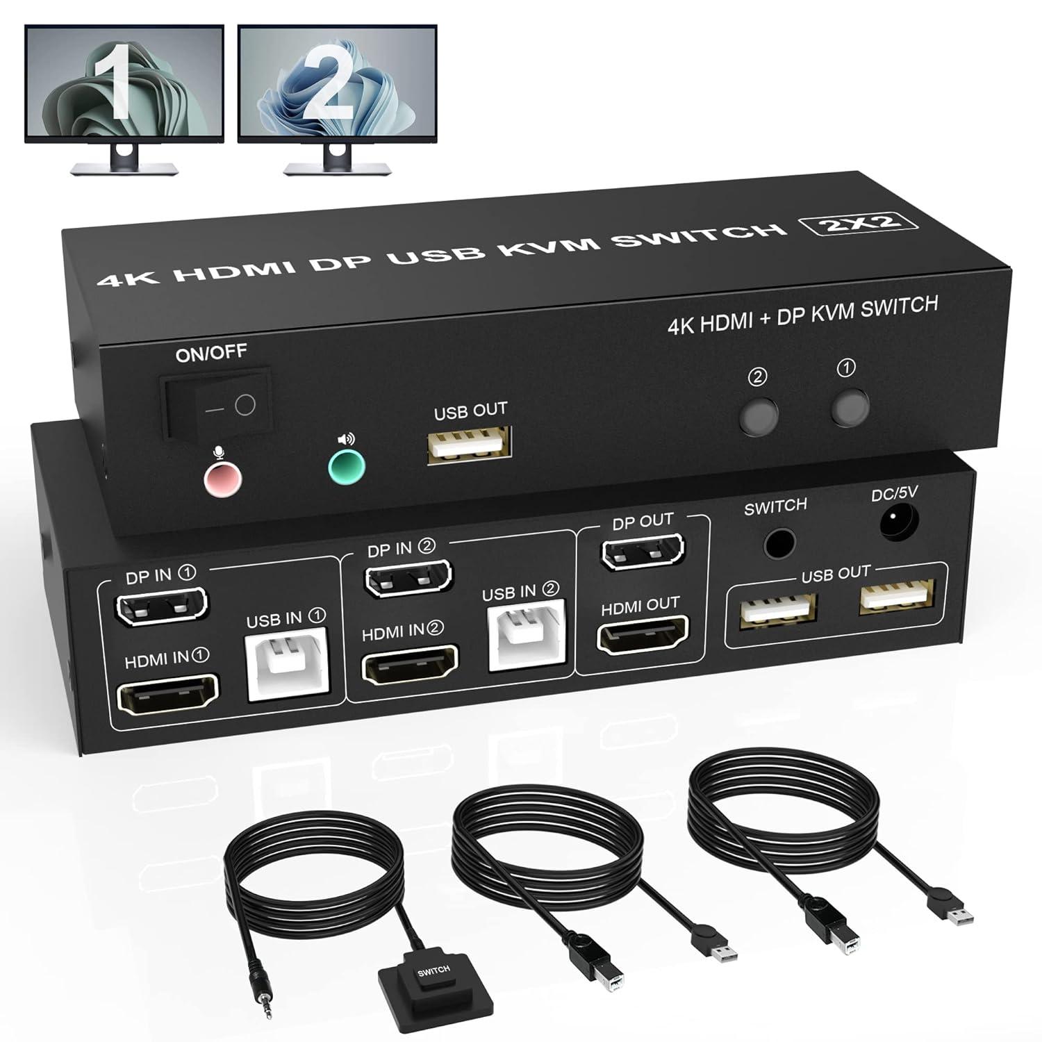 Dual Monitor HDMI + DP KVM Switch 2×2, DisplayPort and HDMI 4K@60Hz Extended Display KVM Switch 2 Monitors 2 Computers with Audio Microphone Output and 3 USB Ports, PC Monitor Keyboard Mouse Switcher