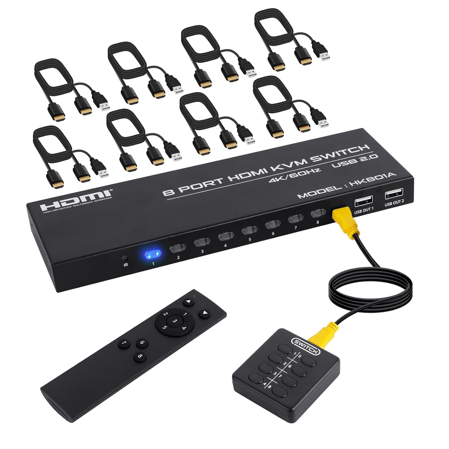 8 Port HDMI KVM Switch 8 in 1 Out, 4K @60Hz HDMI KVM Switch for 8 PCs Share 1 Monitor and 4 USB Devices, Including 8 HDMI KVM Cables and IR Remote Control
