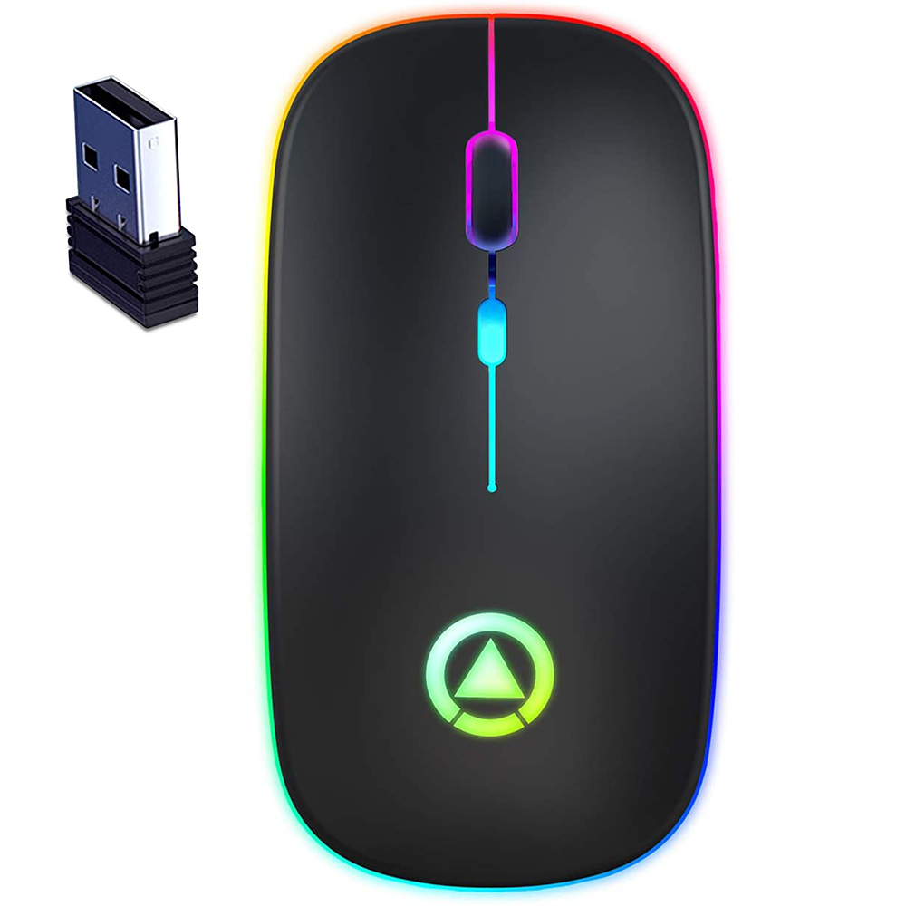 Беспроводная мышь с подзарядкой, ультратонкая 1600 DPI, тихая подсветка — черная