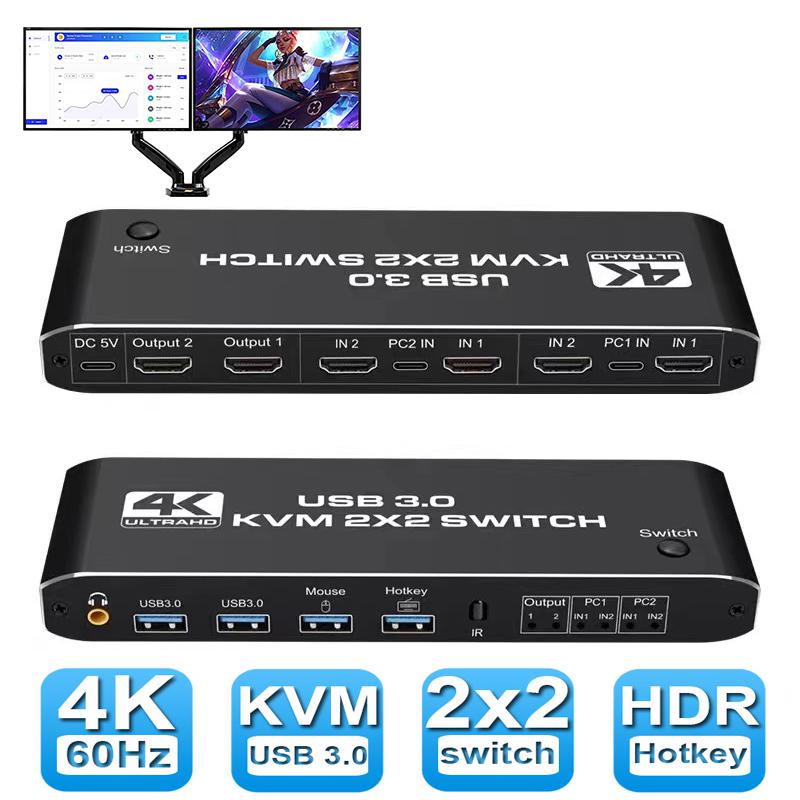 2 Port Dual Monitor 4K HDMI KVM Switch,  2×2 HDMI USB 3.0 KVM Switch 2 in 2 out 4K @60Hz HDMI 2.0 Switcher for 2 PC Share Monitor Mouse Keyboard (with USB 3.0 port)