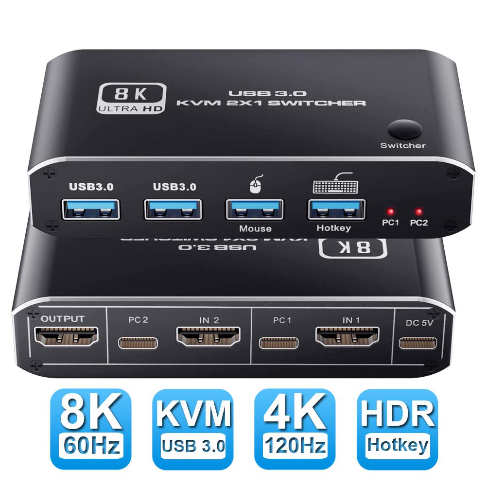 8K @60Hz 2×1 HDMI 2.1 KVM Switch, 2 Port 2 in 1 Out KVM HDMI 2.1 Switch for 2 PCs Shares 1 Set Mouse, Keyboard and Monitor, Support 8K @60Hz, 4K @120Hz, Hotkey, USB 3.0 Port, HDMI2.1 in/Out Port