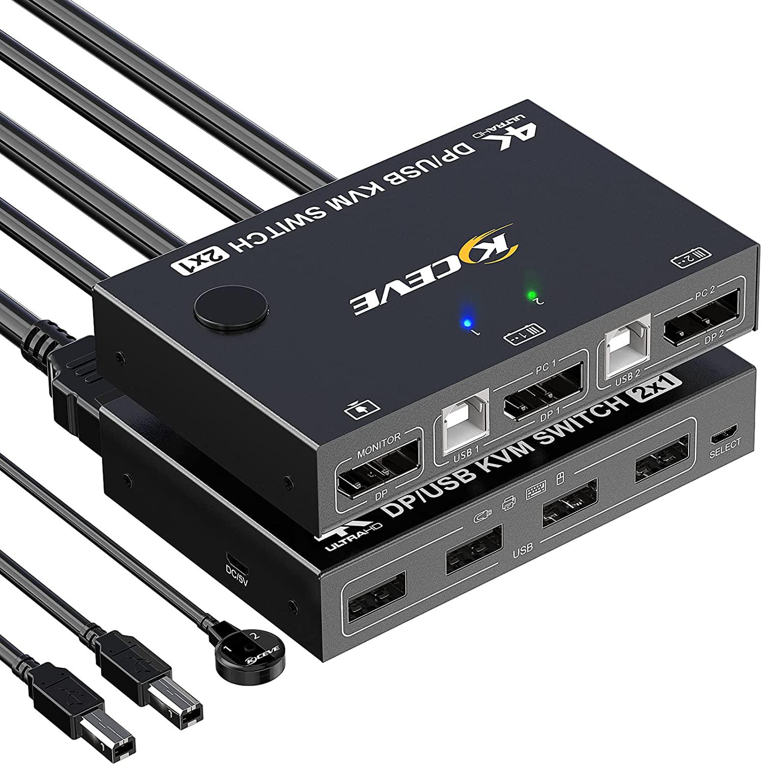 2 Port Display Port KVM DP Switch 2 in 1 Out, DisplayPort KVM Switcher Support 4K @60Hz Control Up to 2 Computers for Share Keyboard, Mouse, Monitor