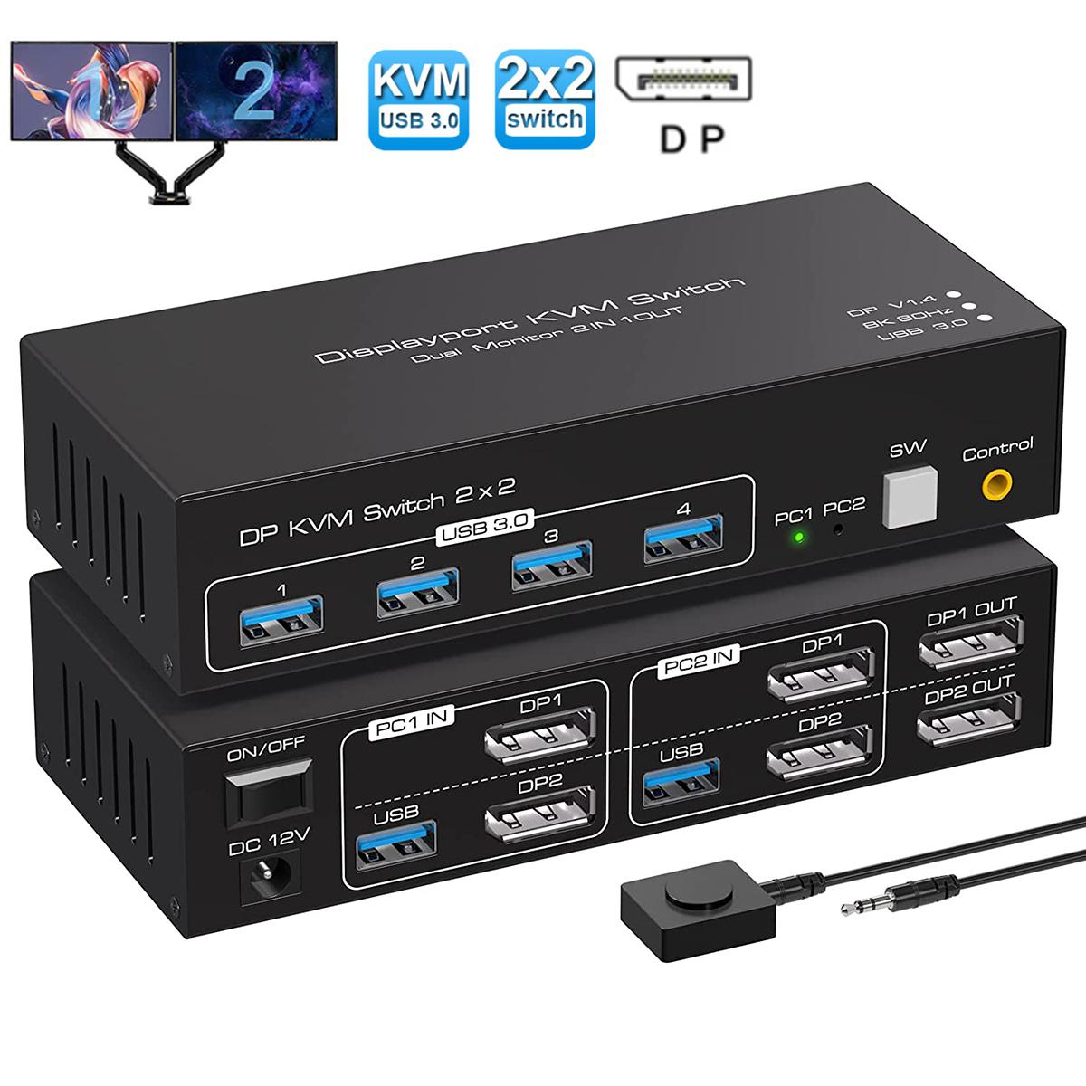 2 Port Dual Monitor Displayport KVM Switch for 2 Computers 2 Monitors Share Keyboard Mouse Printer, Displayport1.4 USB3.0 KVM Switch  Support 4K @120Hz 8K @60Hz with 4x USB 3.0 Support Desktop Control