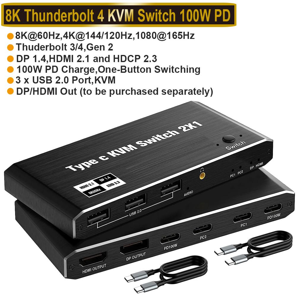 KVM Switch 2×1 USB C — 8K@60Hz, 2 порта, с питанием 100W