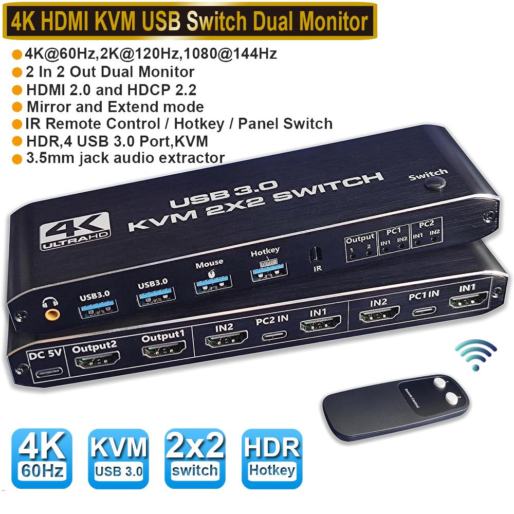 Dual Monitor HDMI KVM Switch 2 PCs 2 Monitors, 4K @60Hz HDMI KVM Switch 2 Port Extended Display, HDMI KVM Switch 2 in 2 Out with 3.5mm Audio, Support 4 USB 3.0 Share Keyboard Mouse Printer with Hotkey