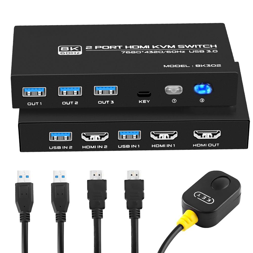 2 Port HDMI KVM Switch 8K 60Hz, 2 in 1 Out HDMI KVM Switch for 2 Computer Share 1 HD Monitor and 3 USB 3.0 Devices, Support HDR, 3D Vision,,HDCP2.2, Including 2 HMDI 2.1 Cables & 2 USB 3.0 Cables
