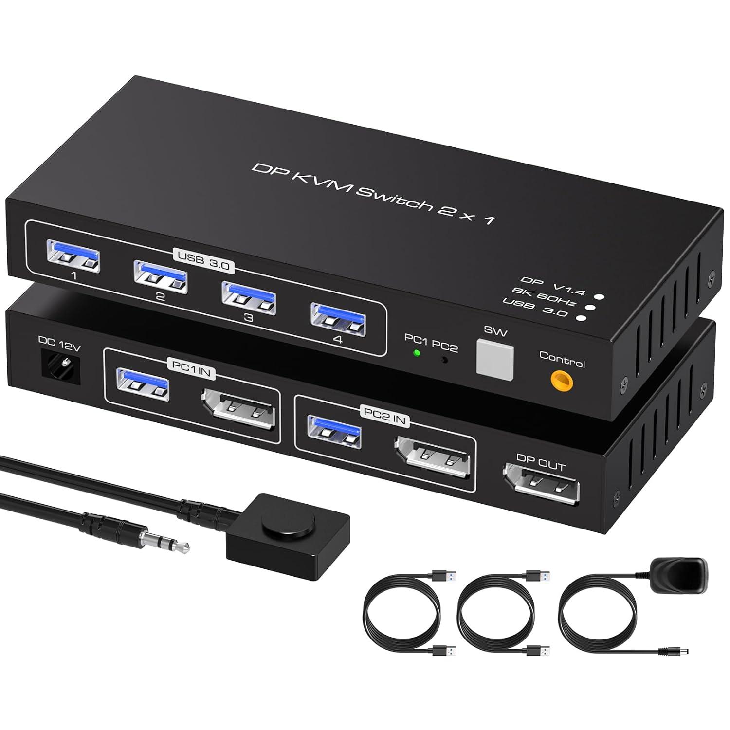 Displayport KVM Switch 2 PC 1 Monitor USB 3.0DP KVM Switcher 2 Port Two Computers to Share 4 USB Peripherals Support 8k 60hz 4k 120hz DP 1.4 Switches Includes Desktop Controller And Power Adapter