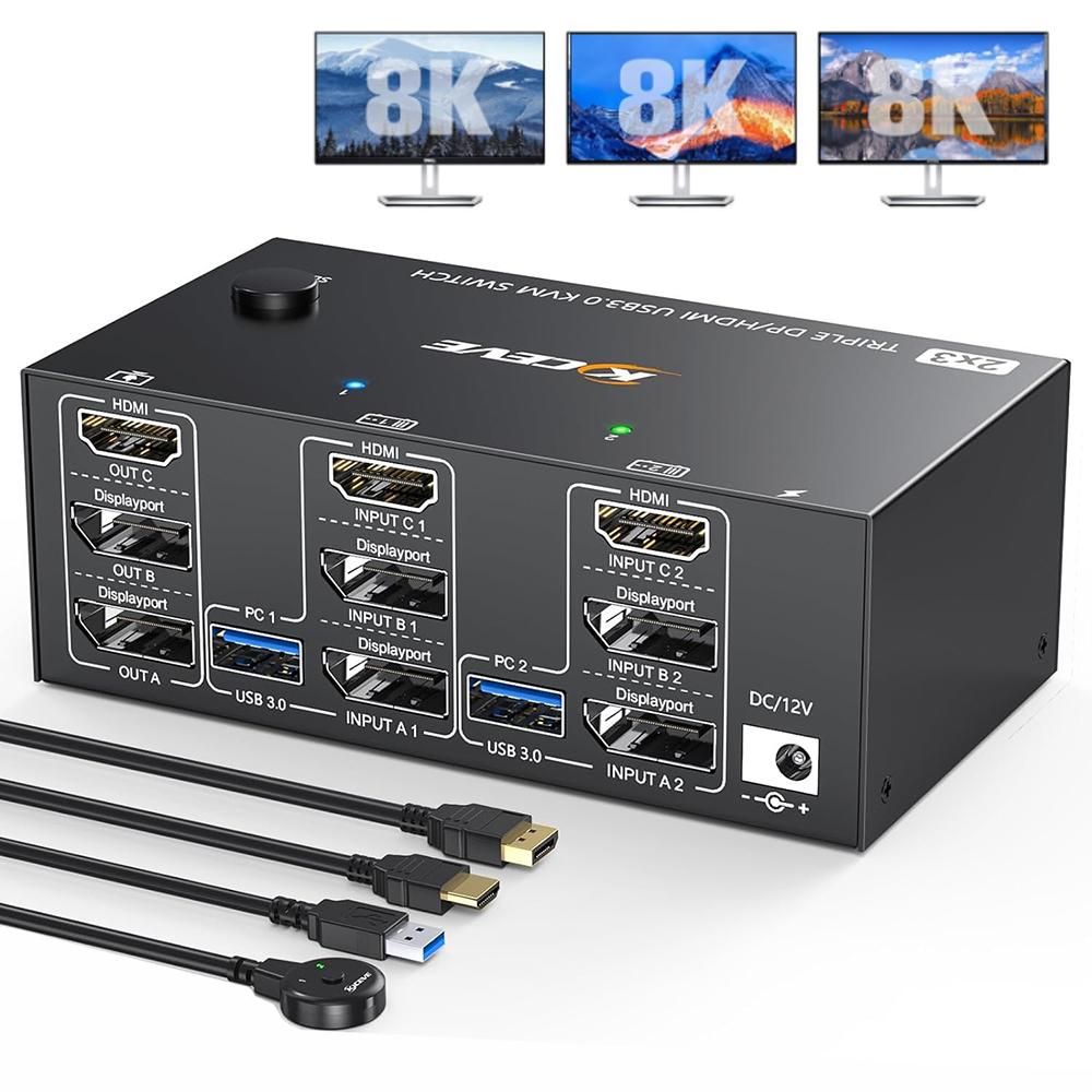 USB 3.0 HDMI + 2 DisplayPort KVM Switch 3 Monitors, 8K@30Hz/4k@144Hz Triple Monitor 2 DP + HDMI KVM Switch for 2 Computer Share 3 Display and 4 USB 3.0 Devices. Wired Remote and USB Cables Included