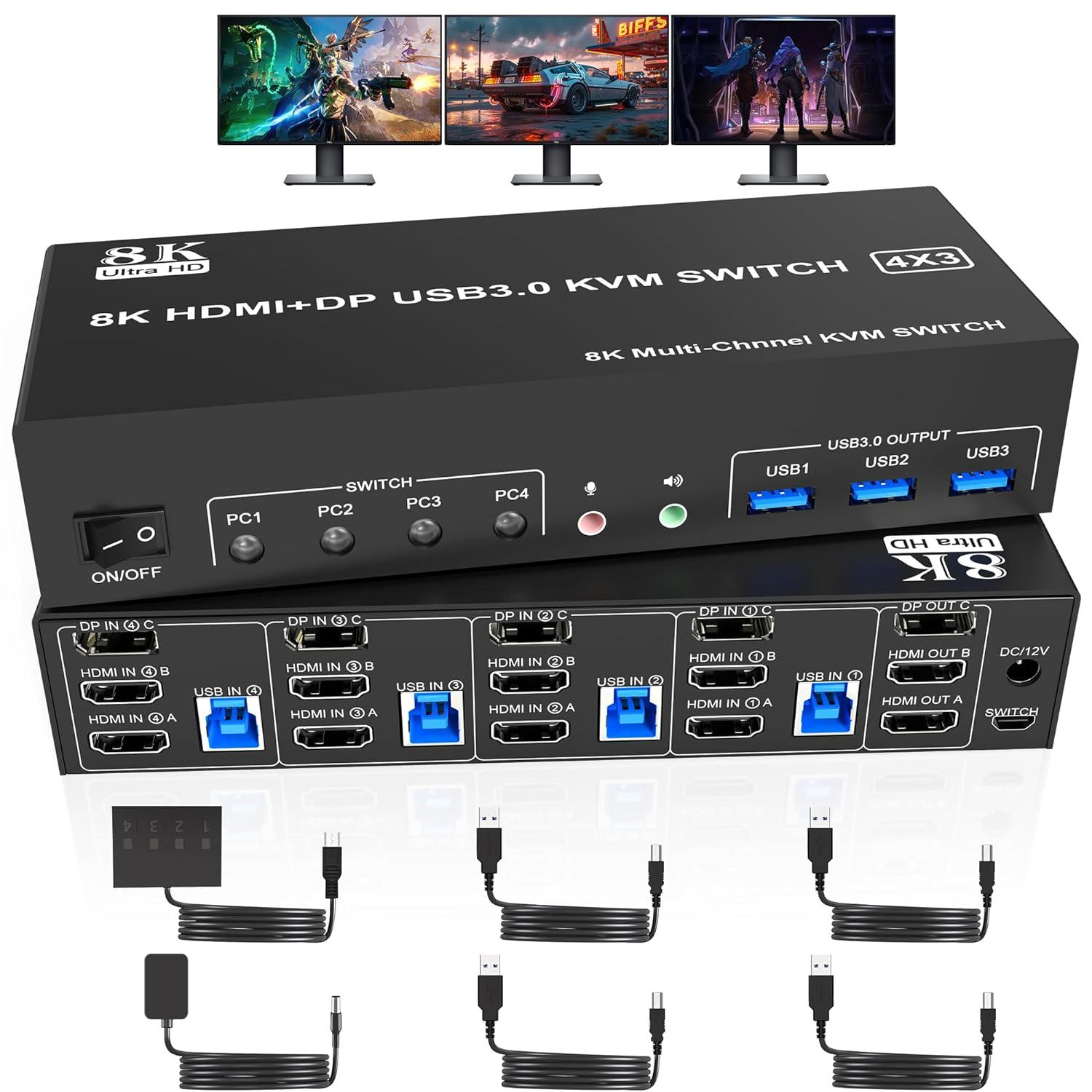 8K@60Hz 1 Displayport +2 HDMI USB 3.0 KVM Switch 3 Monitors 4 Computers, 2 HDMI 2.1 + DP 1.4 Triple Monitor KVM Switch with Audio Microphone + 3 USB3.0 Ports, Triple Monitor Keyboard Mouse Switcher