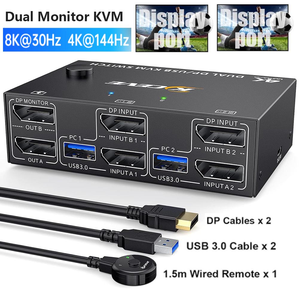 8K@30Hz USB 3.0 Displayport KVM Switch 2 Monitors 2 Computers, DP 1.4 Dual Monitor KVM Switch 2 in 2 Out with 4* USB 3.0 Port for 2 Computers, with 2 DP Cables & USB Cables and Wired Controller